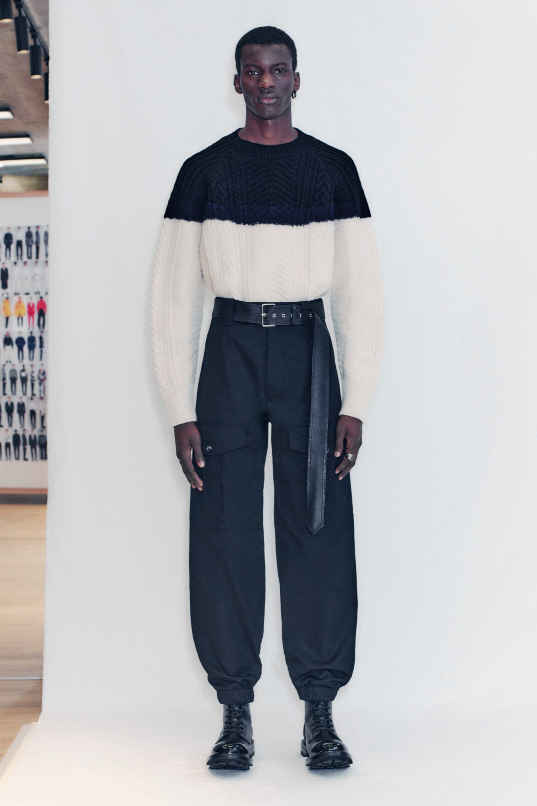 black and white knitted sweater with relaxed pants