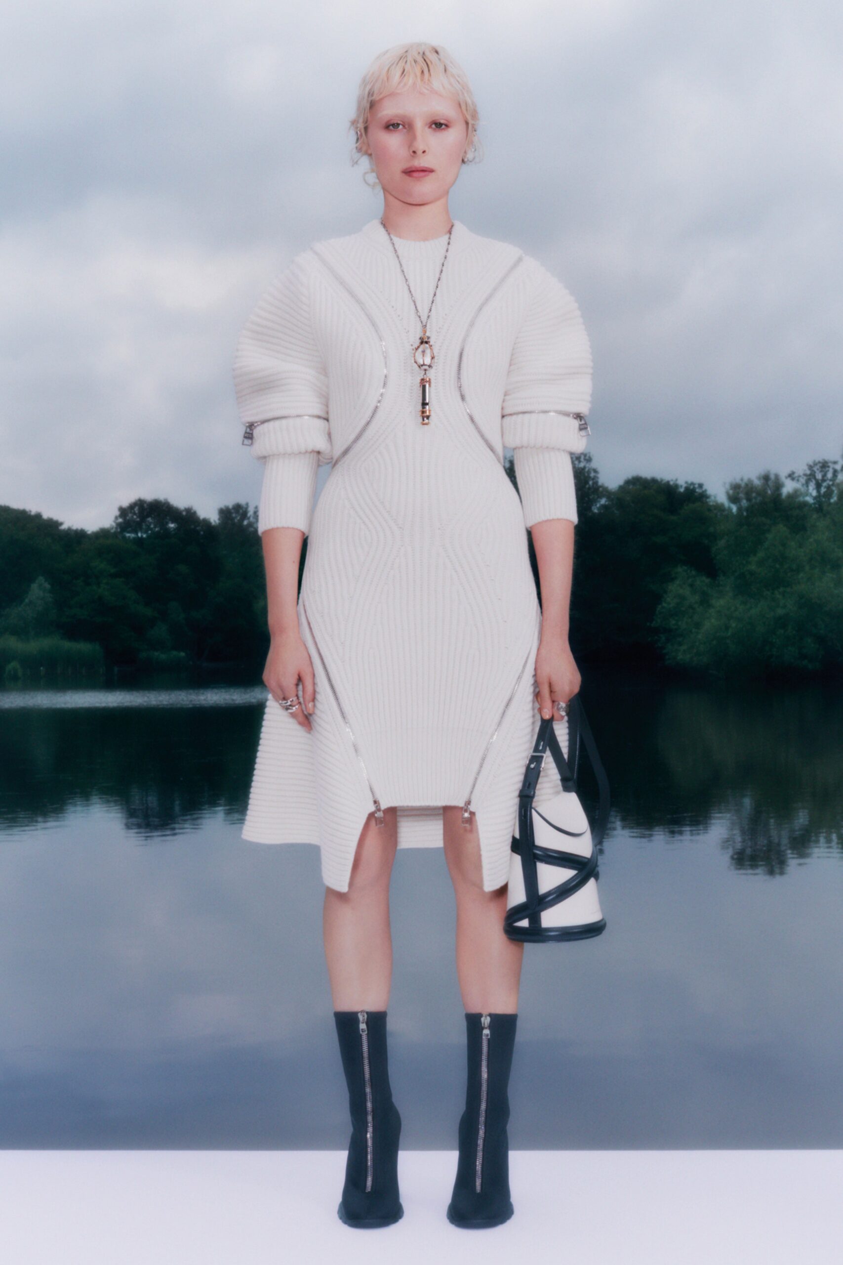 white knit long-sleeve v-neck fitted pleated zippered dress