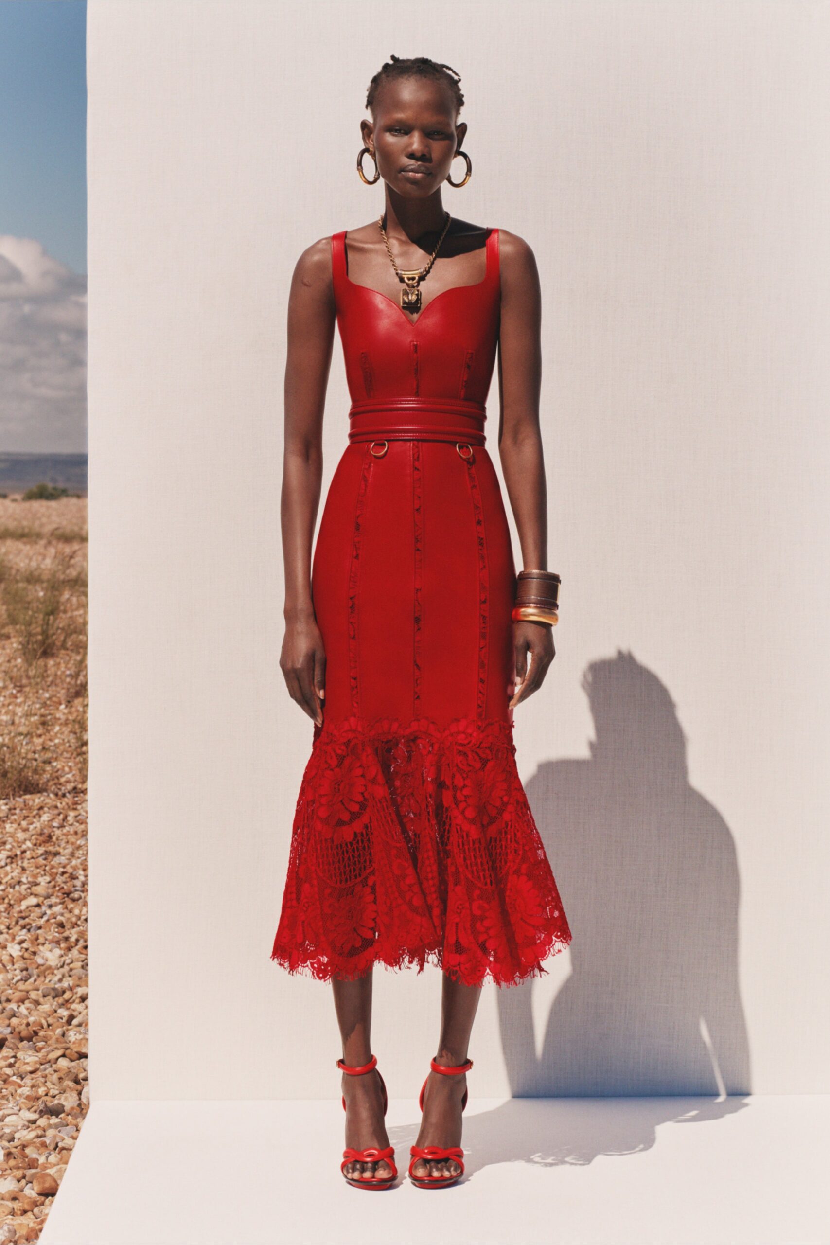 fitted red silk midi dress