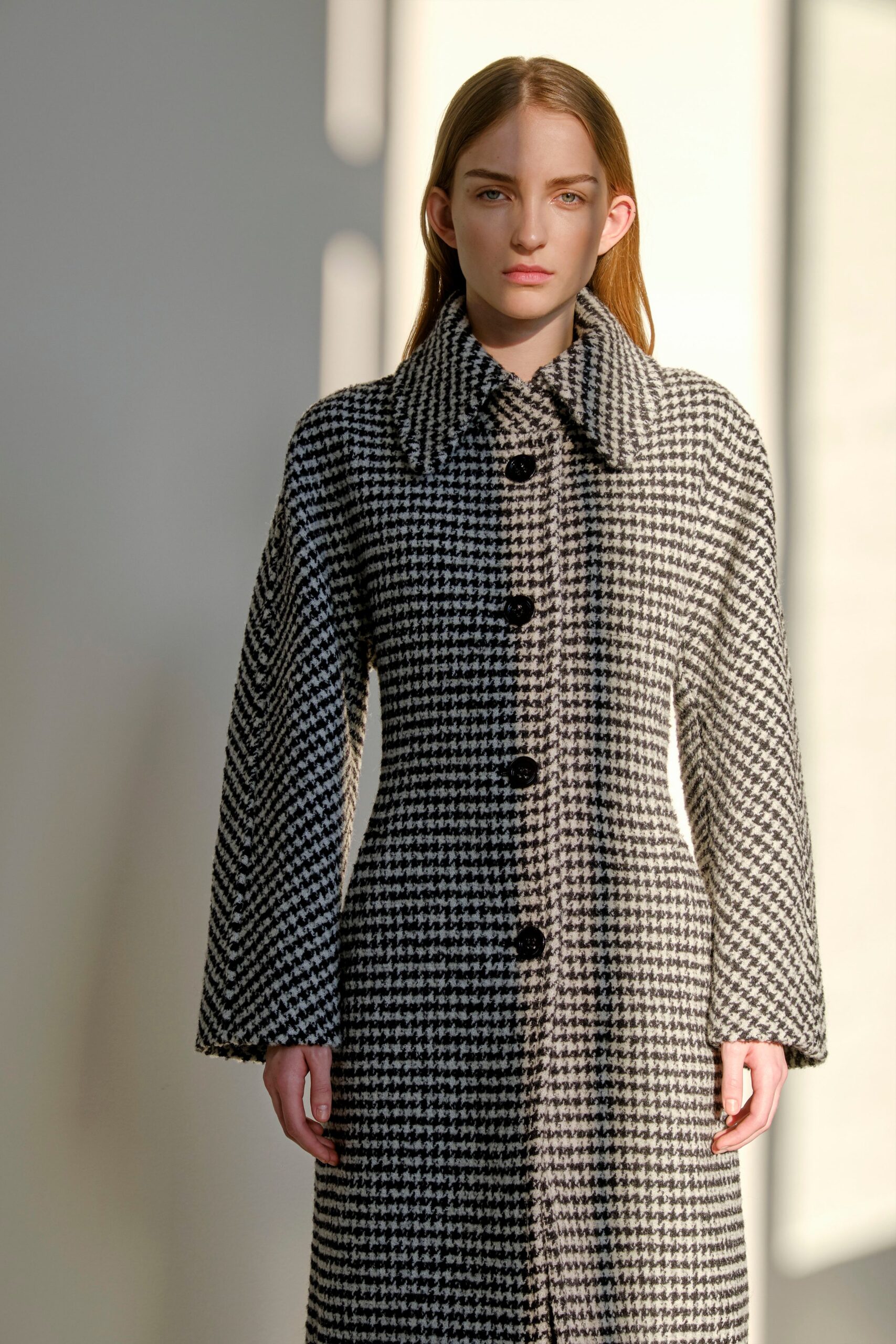 black and white checked coat