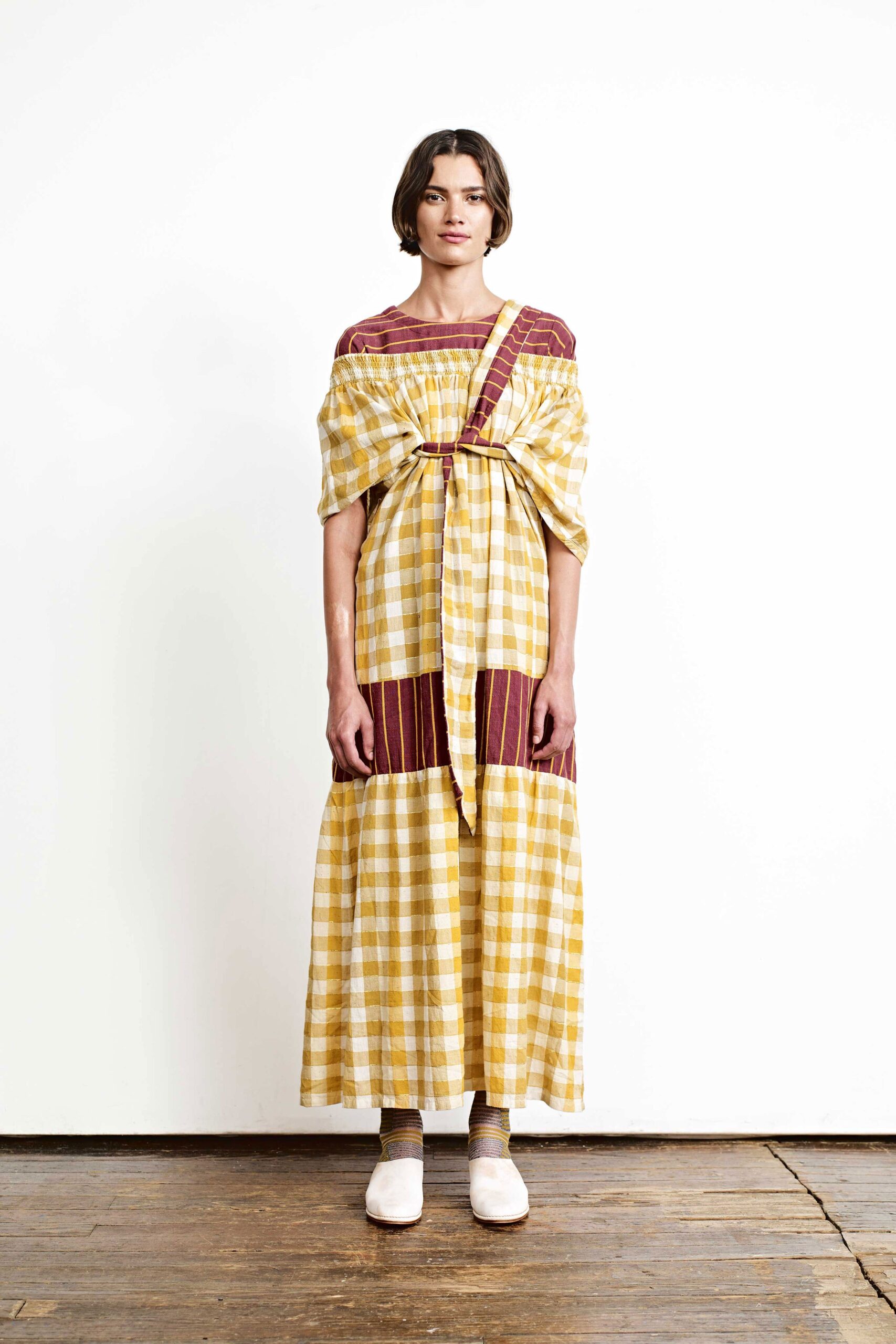 relaxed yellow checked maxi dress