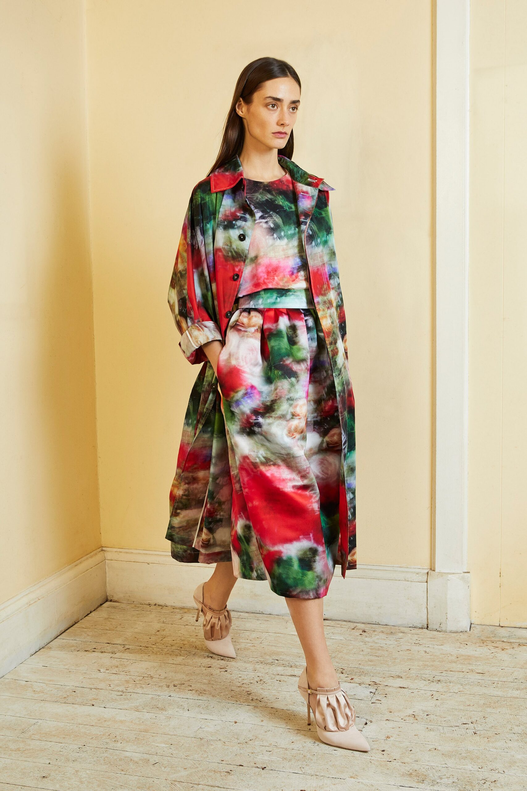 color-blocked coat and midi skirt
