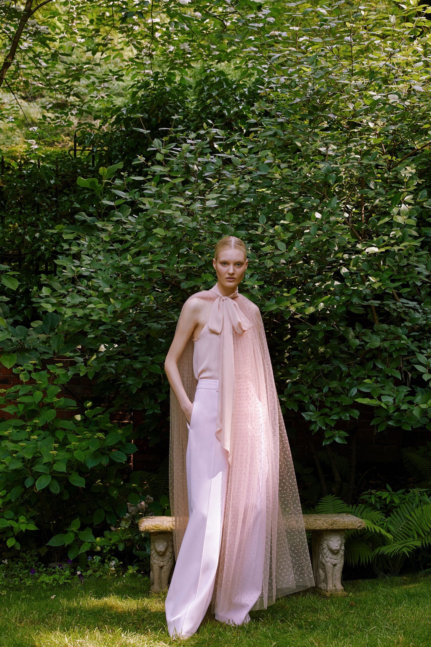 beige silk sleeveless relaxed draped flowing cape