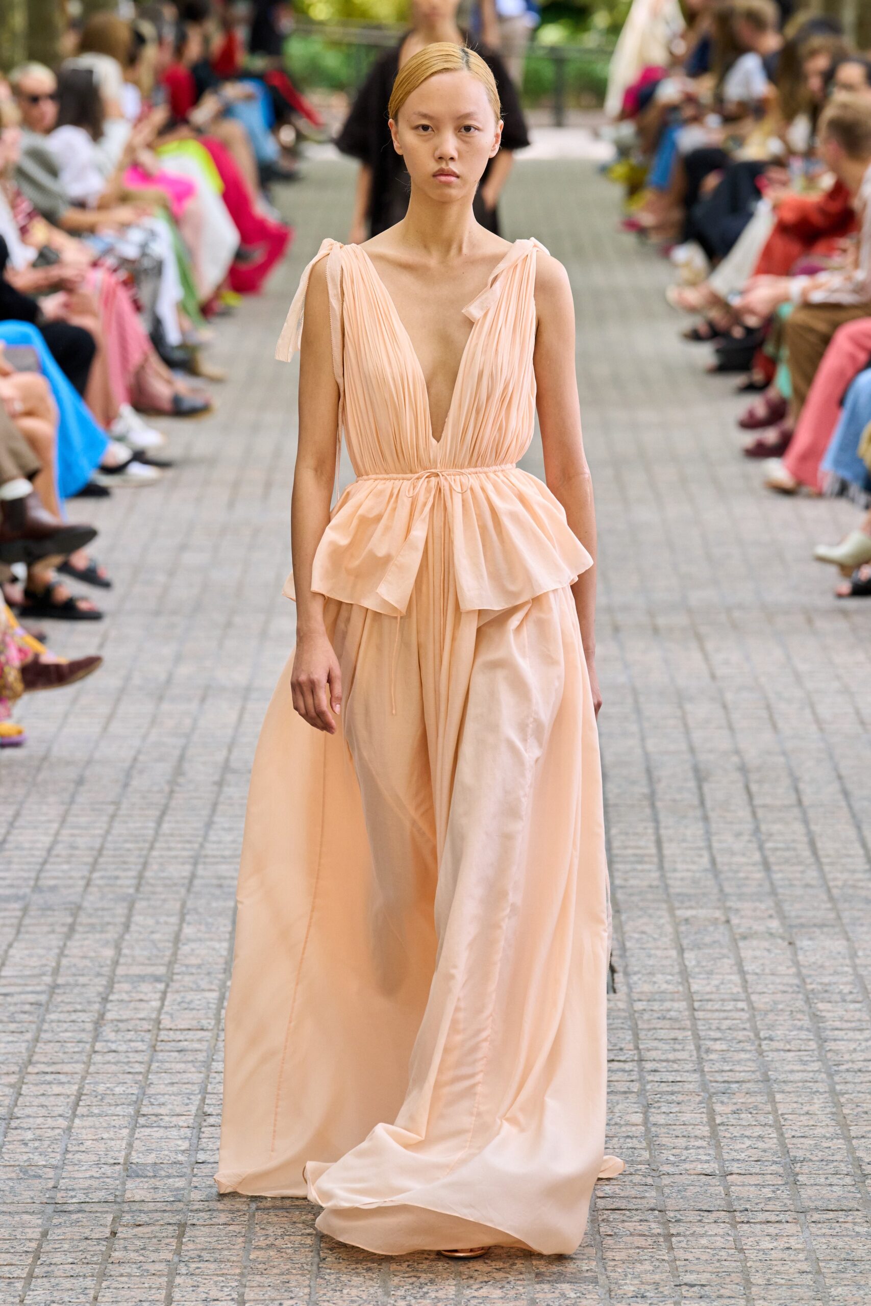 peach silk sleeveless gown