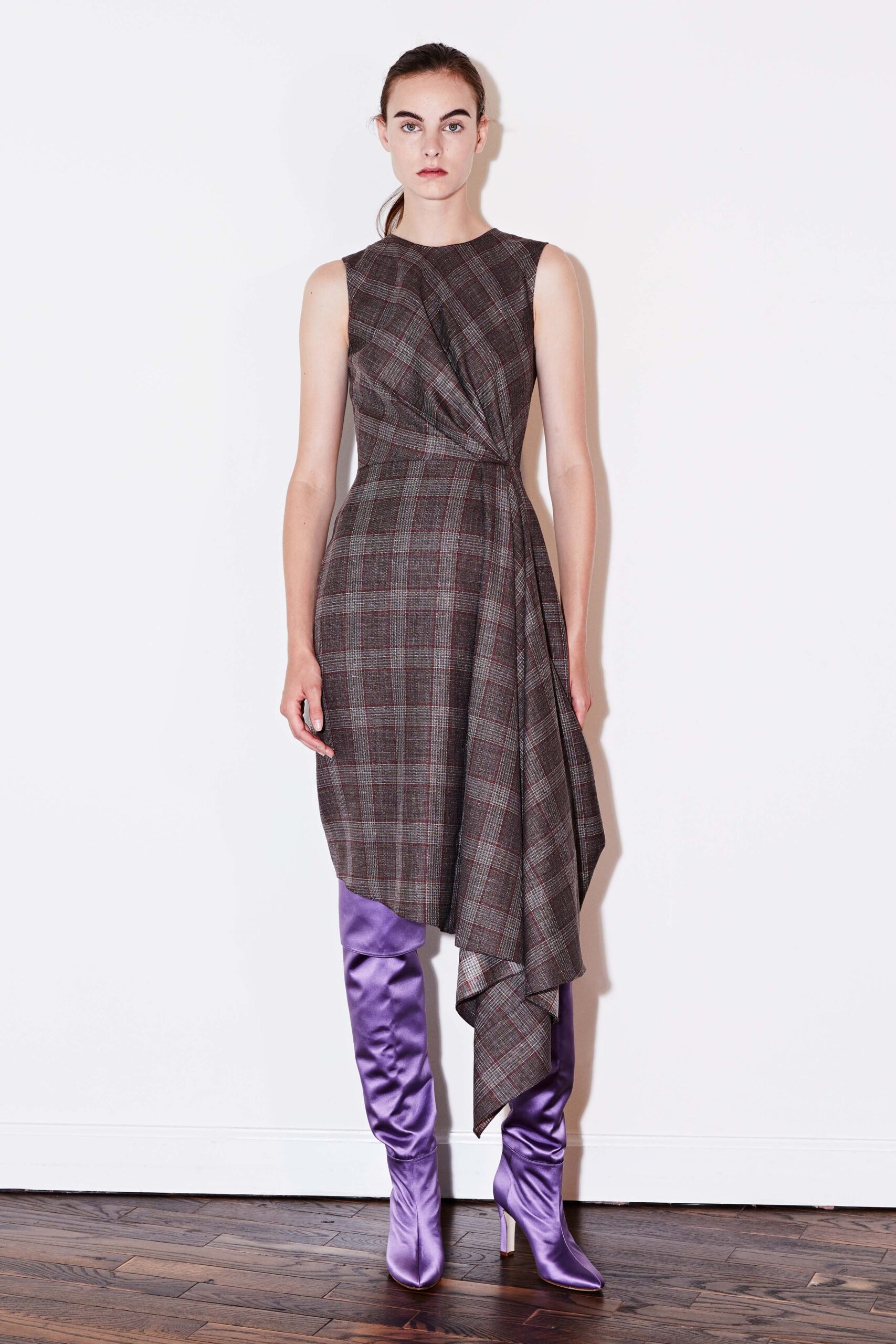 gray plaid asymmetric dress with purple boots