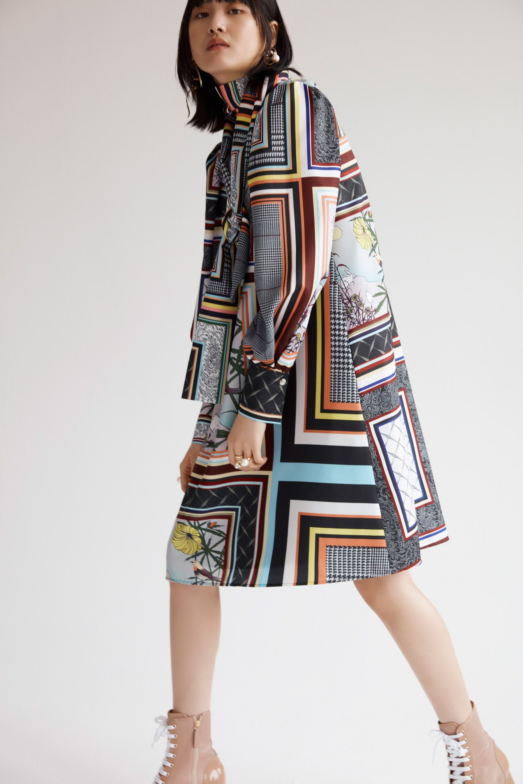 multi-colored printed midi dress