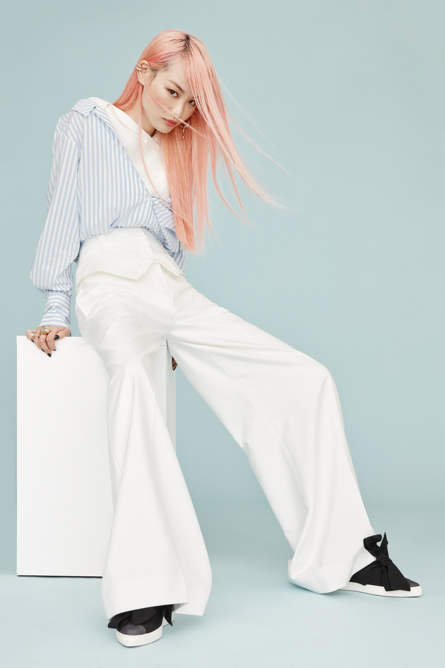 blue and white striped shirt with wide-leg pants