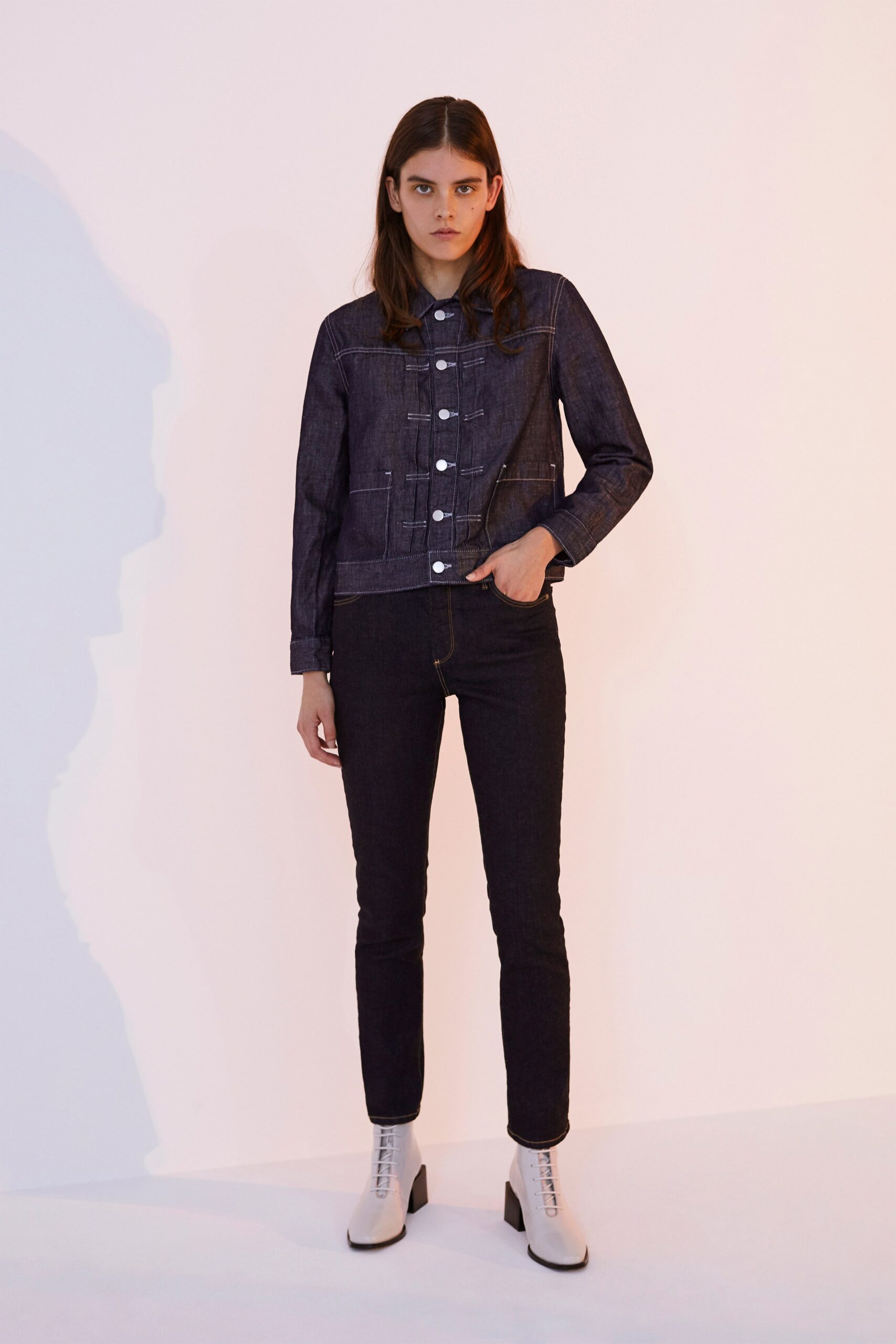 blue denim jacket with slim pants