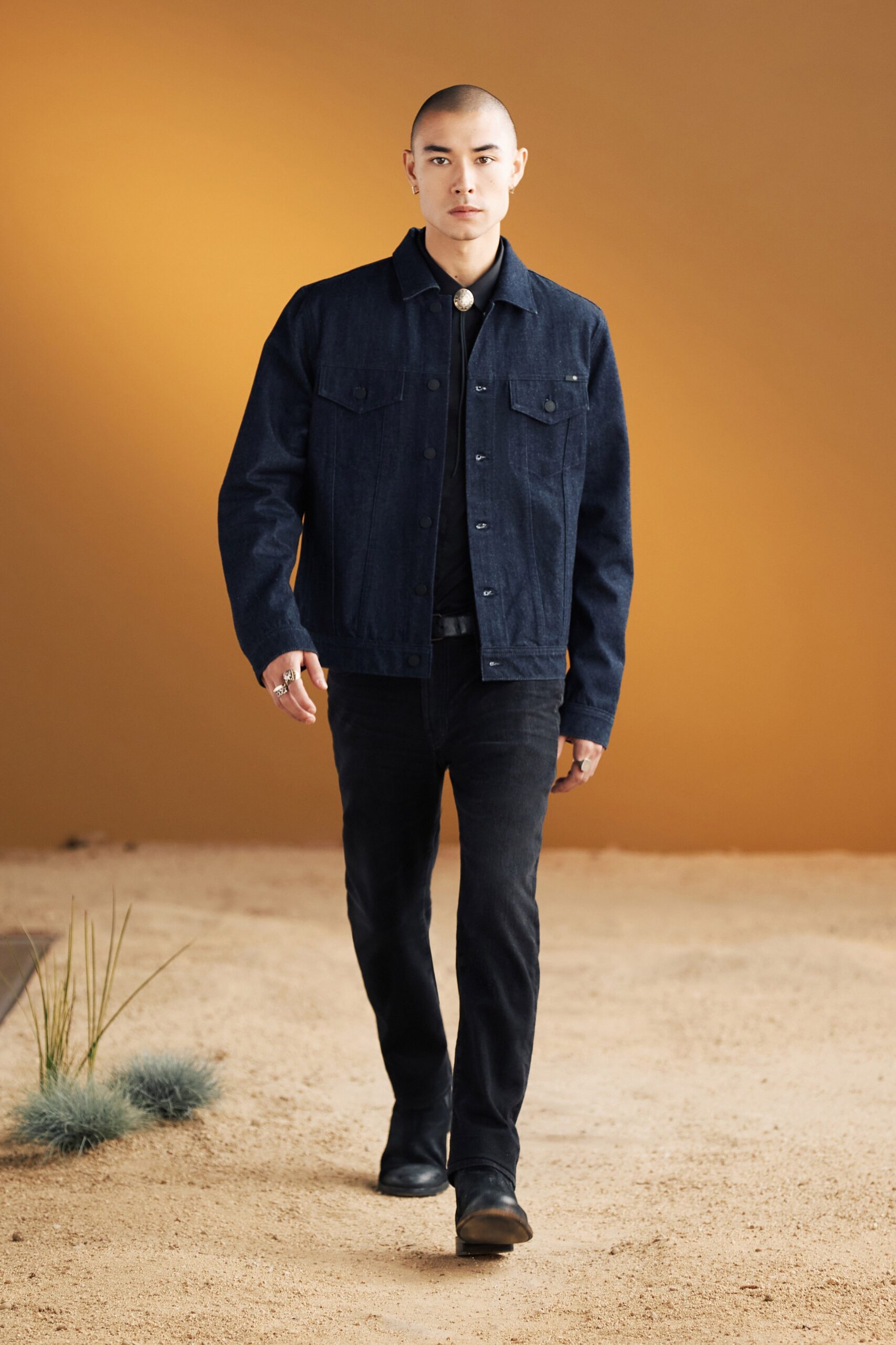 blue denim jacket with black pants