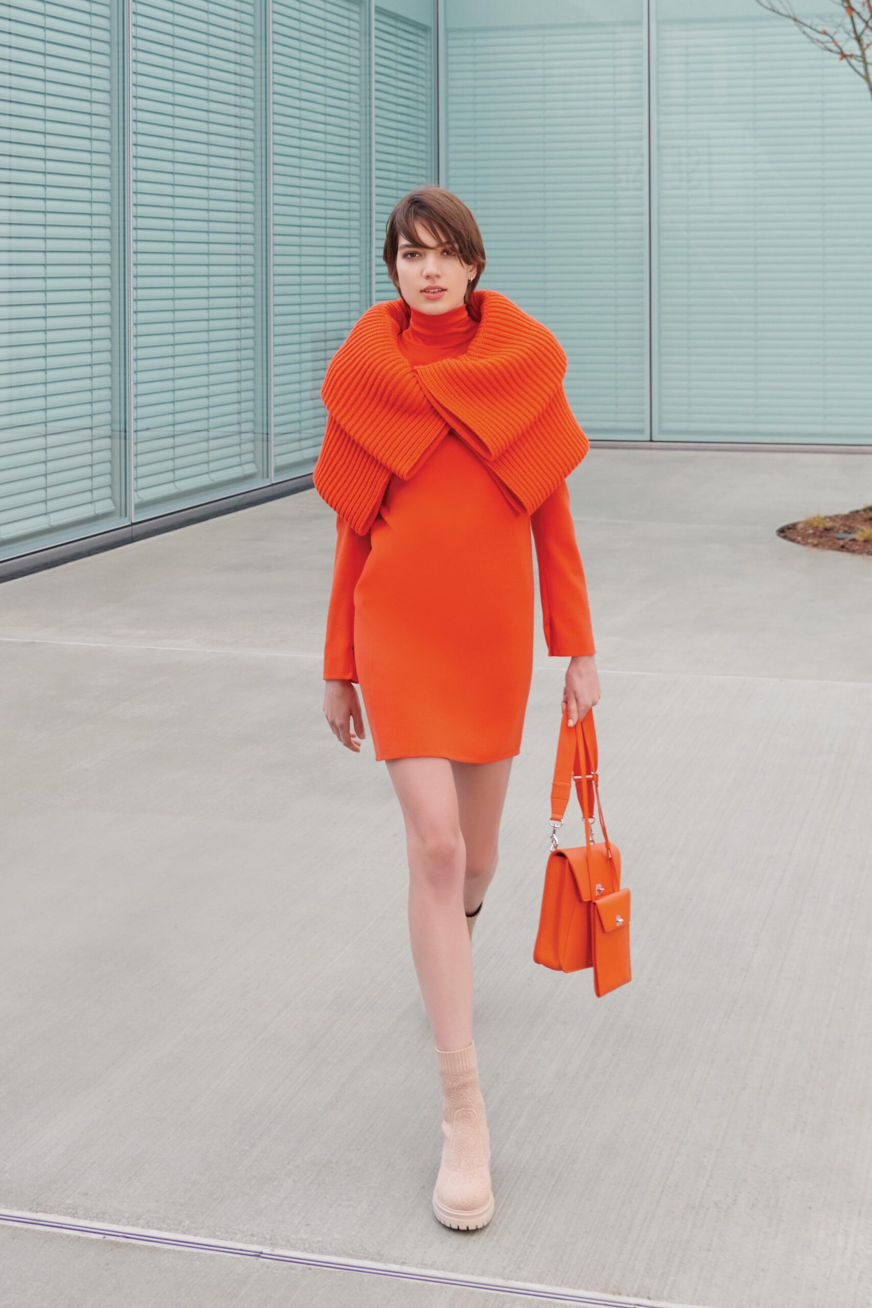 orange wool long-sleeve high-neck fitted layered mini dress