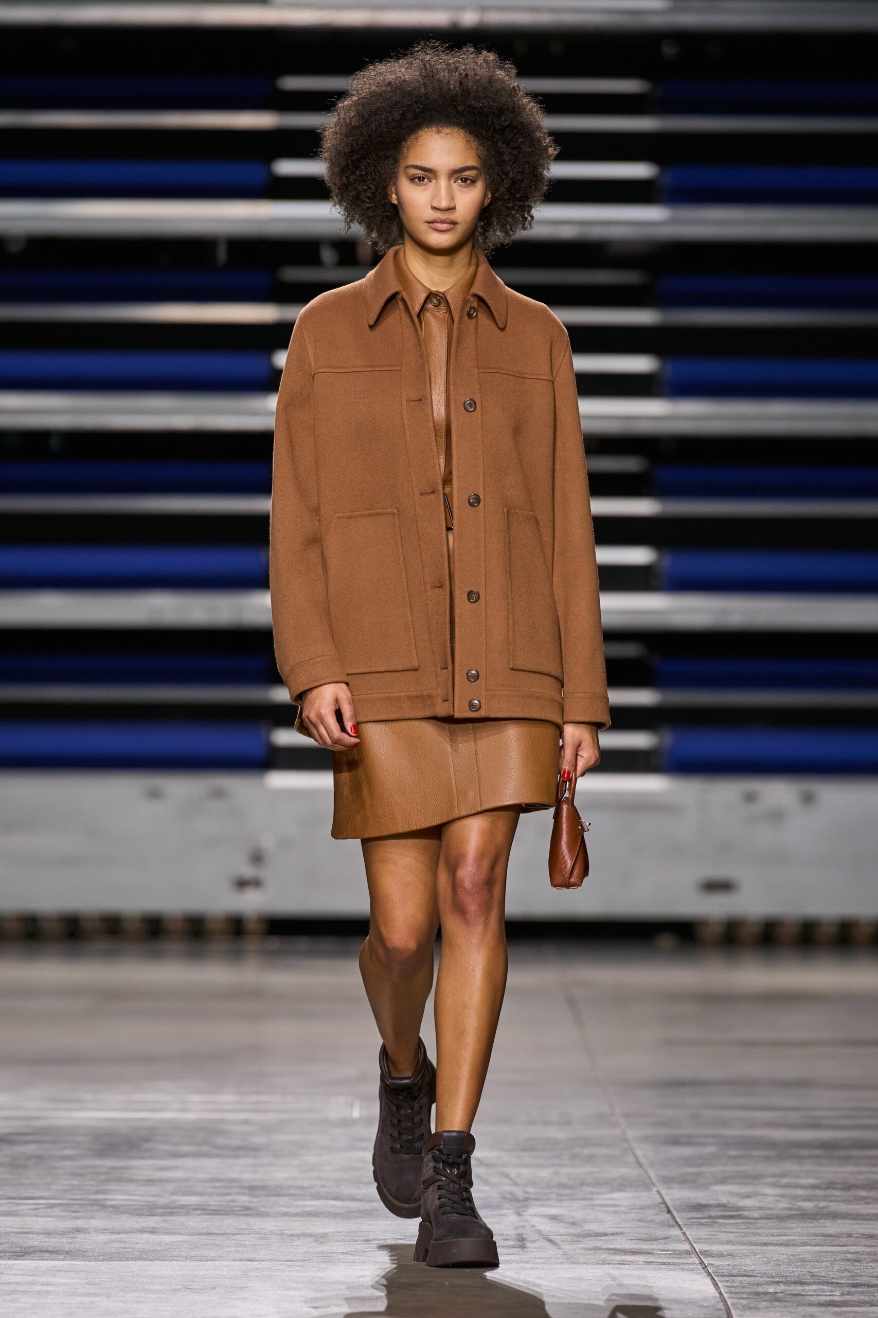 brown wool jacket and leather dress