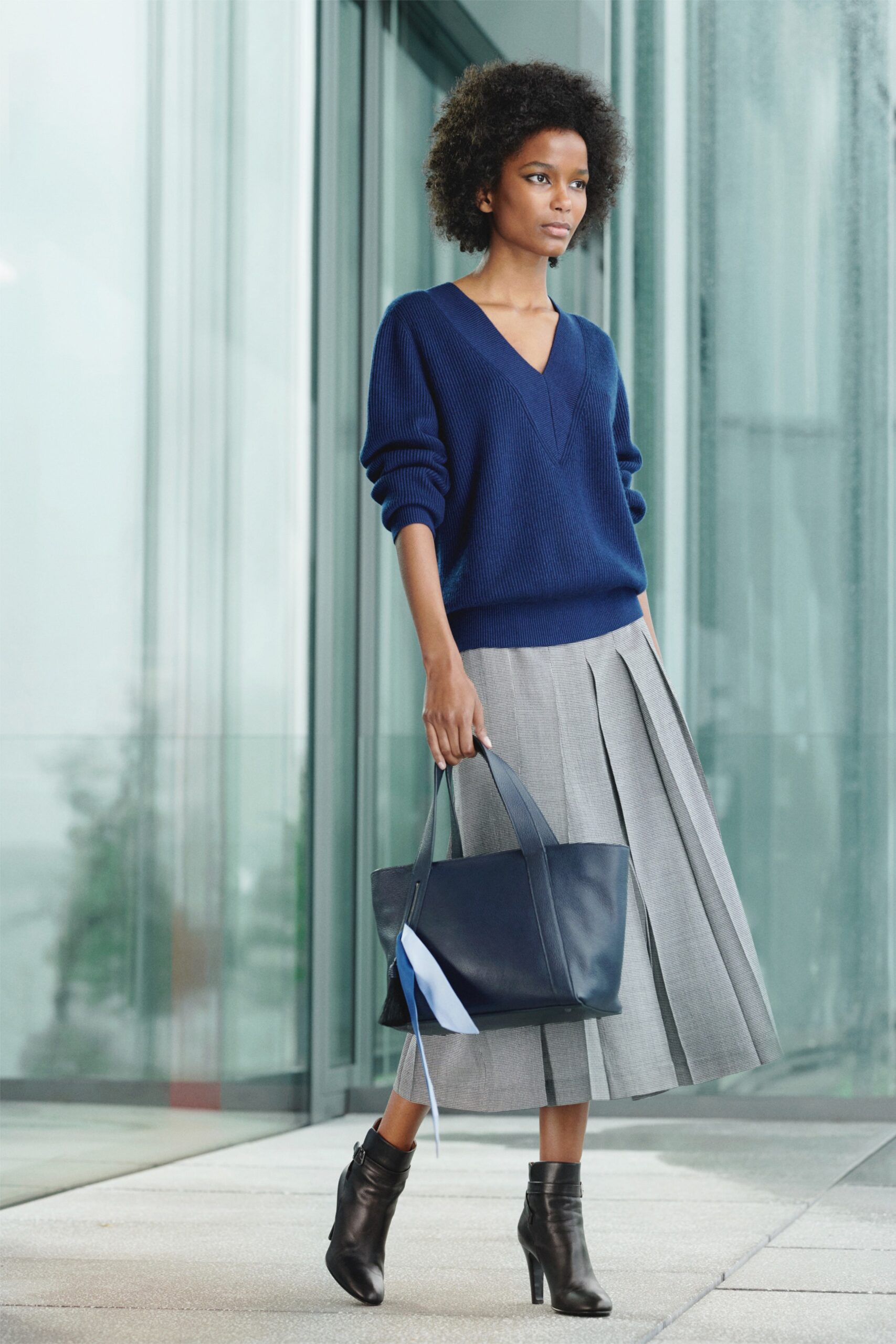 blue wool sweater gray pleated skirt
