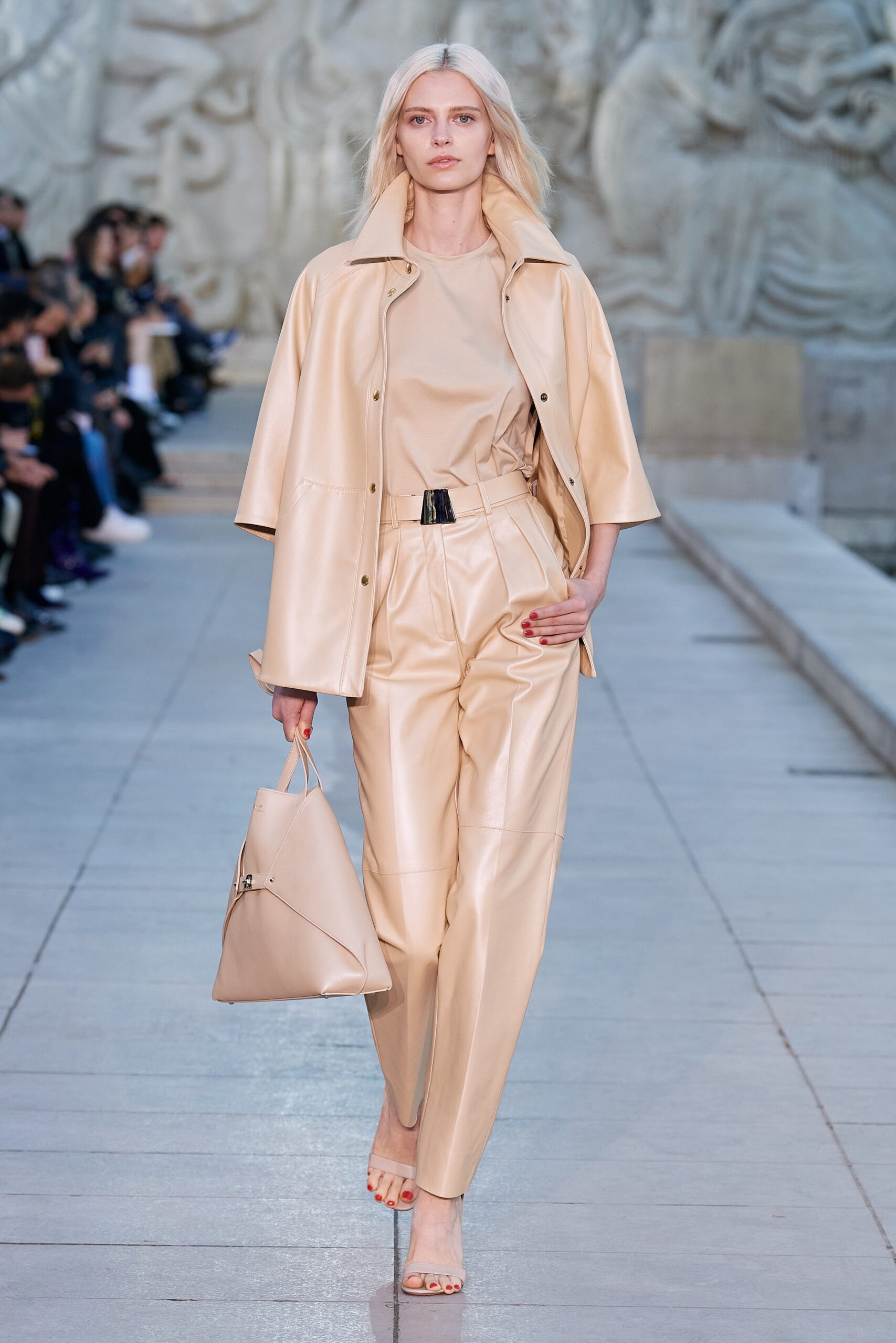 beige leather outfit with bag
