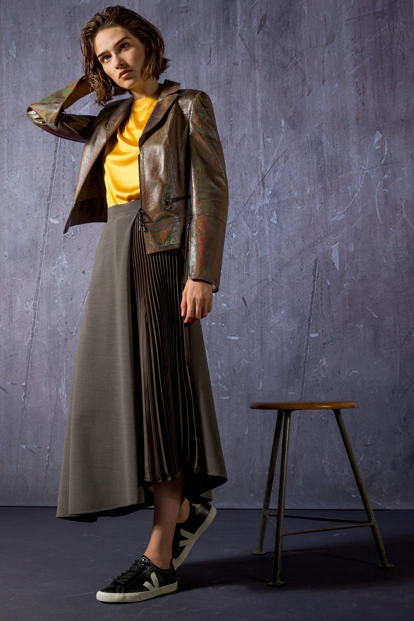 gray wool asymmetric fitted pleated midi skirt