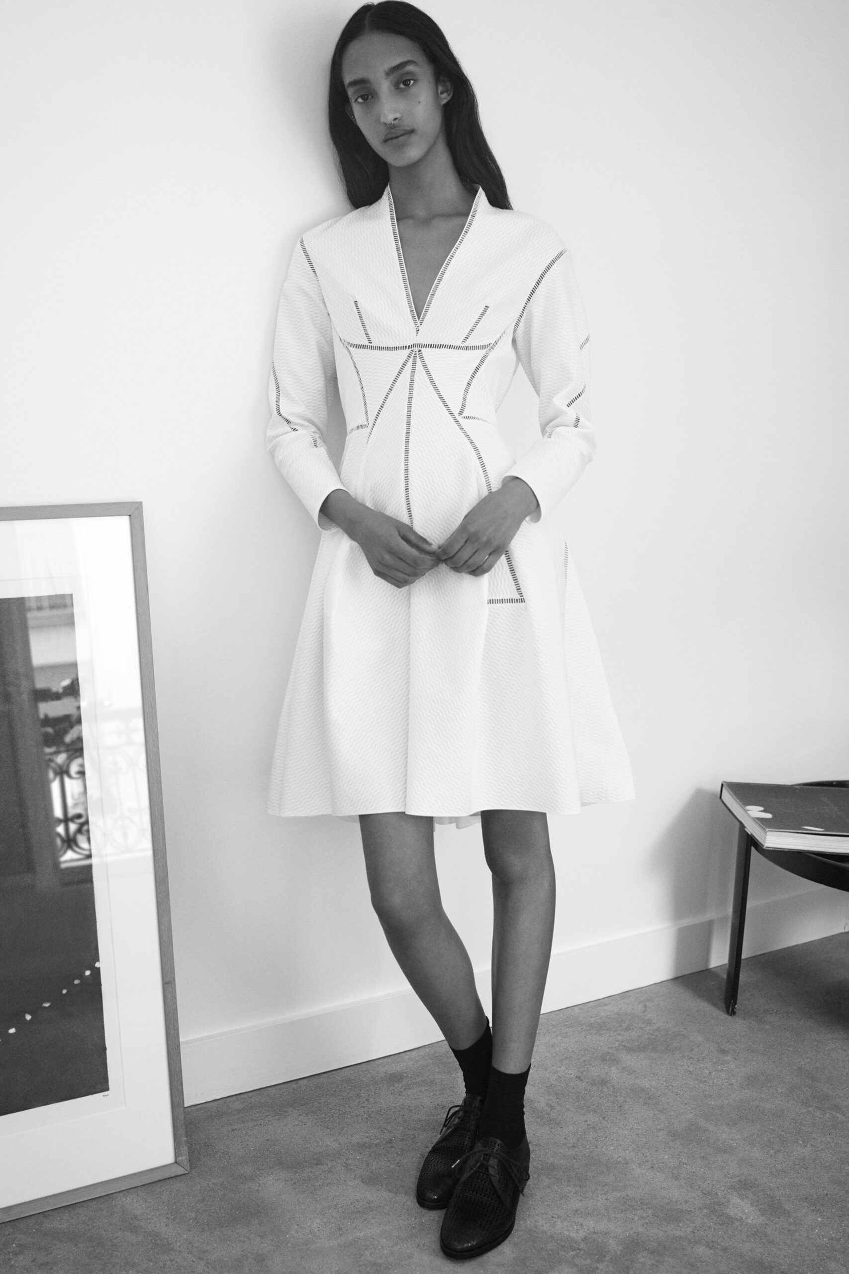 white fitted long-sleeve dress