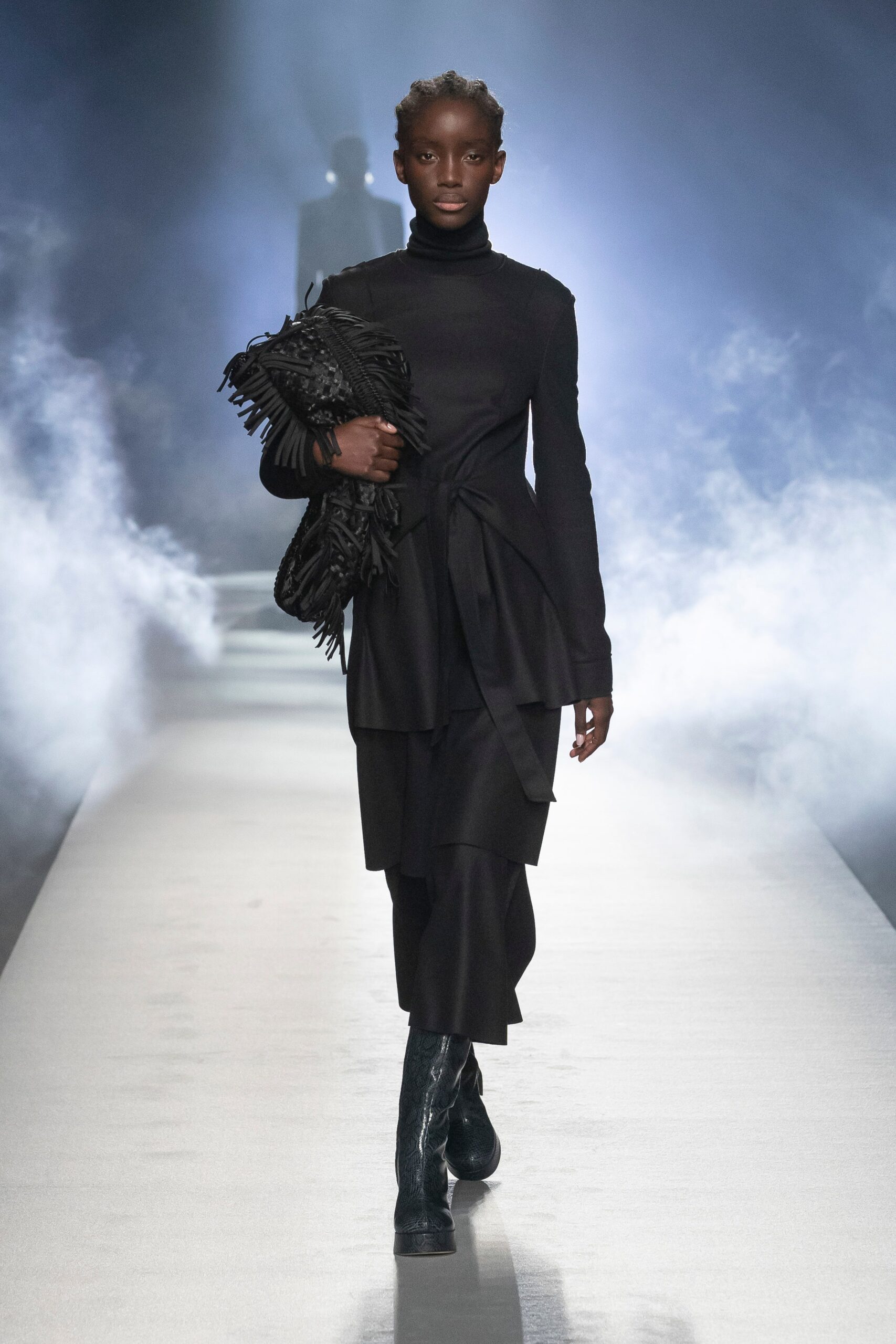black wool long-sleeve high-neck fitted draped tiered dress