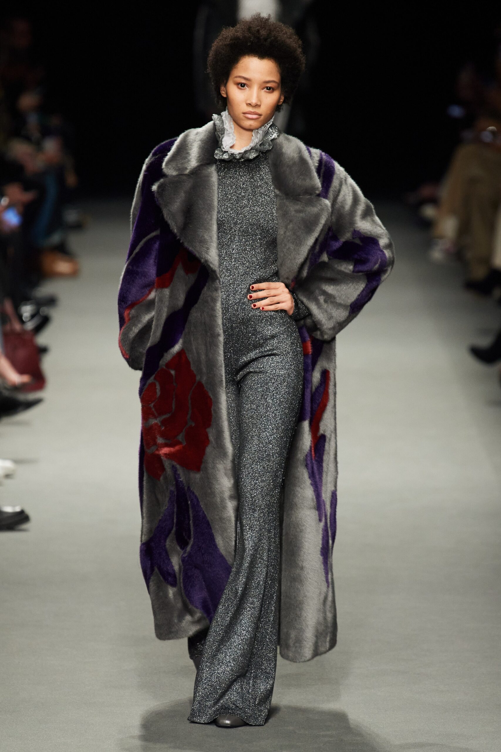 gray faux-fur coat with silver jumpsuit