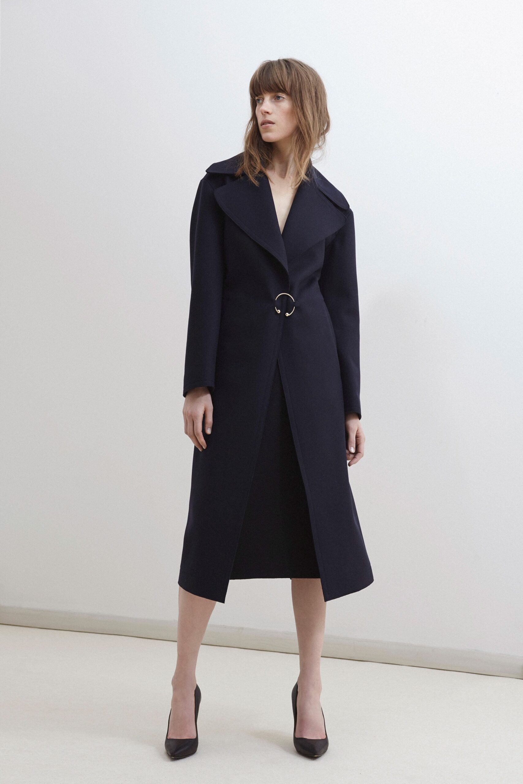 black wool long-sleeve collared fitted belted midi coat