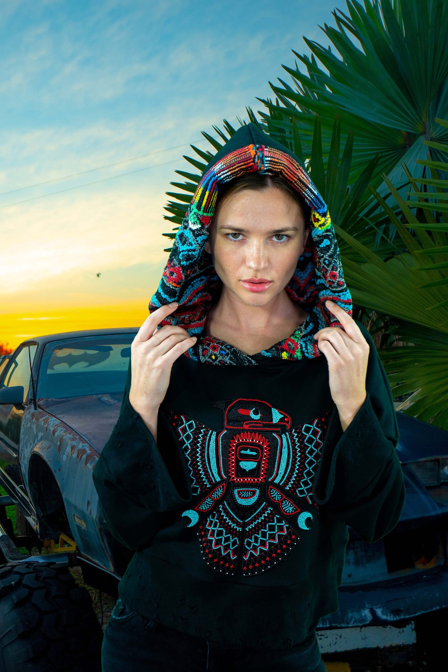 black cotton long-sleeve hooded relaxed embroidered hoodie