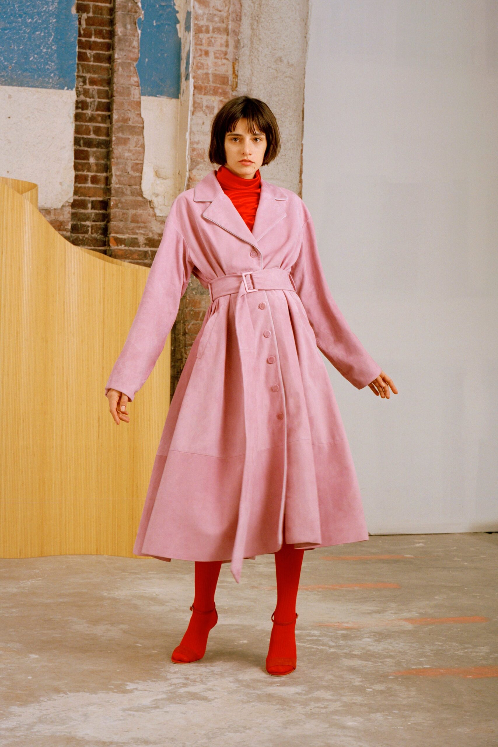 pink suede long-sleeve collared fitted buttoned belted coat