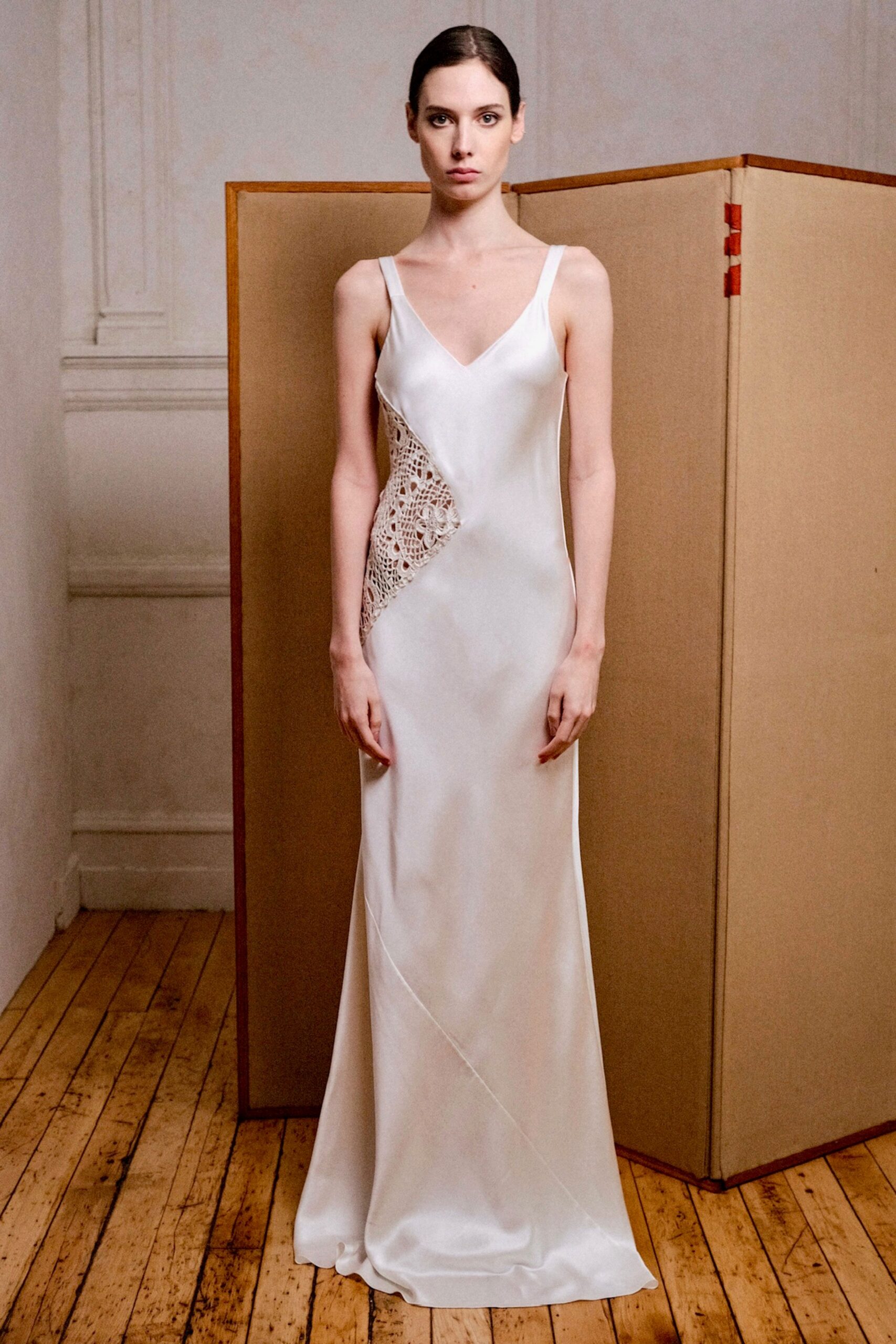 white silk fitted gown