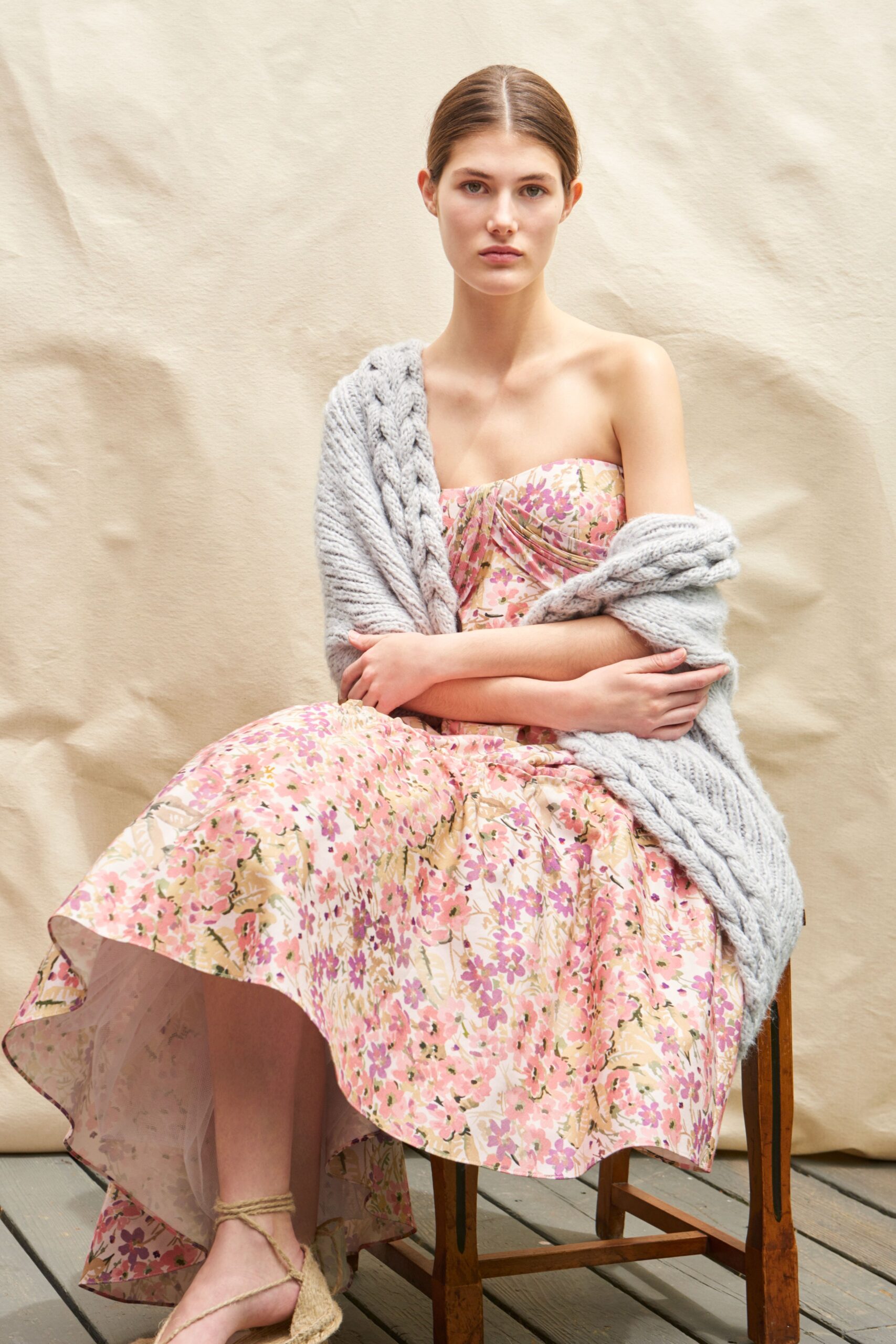 floral midi dress with knit cardigan