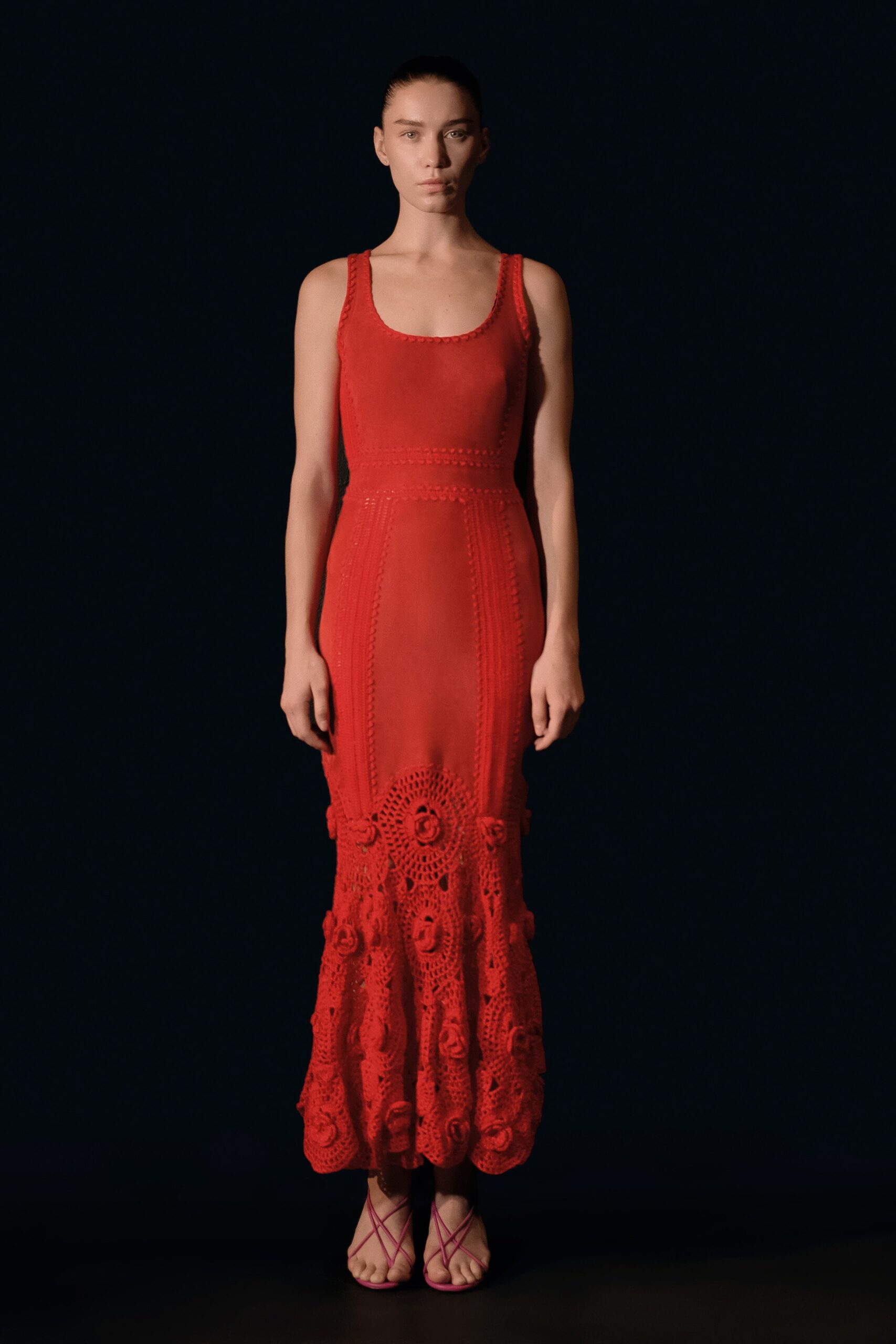 fitted red crochet maxi dress