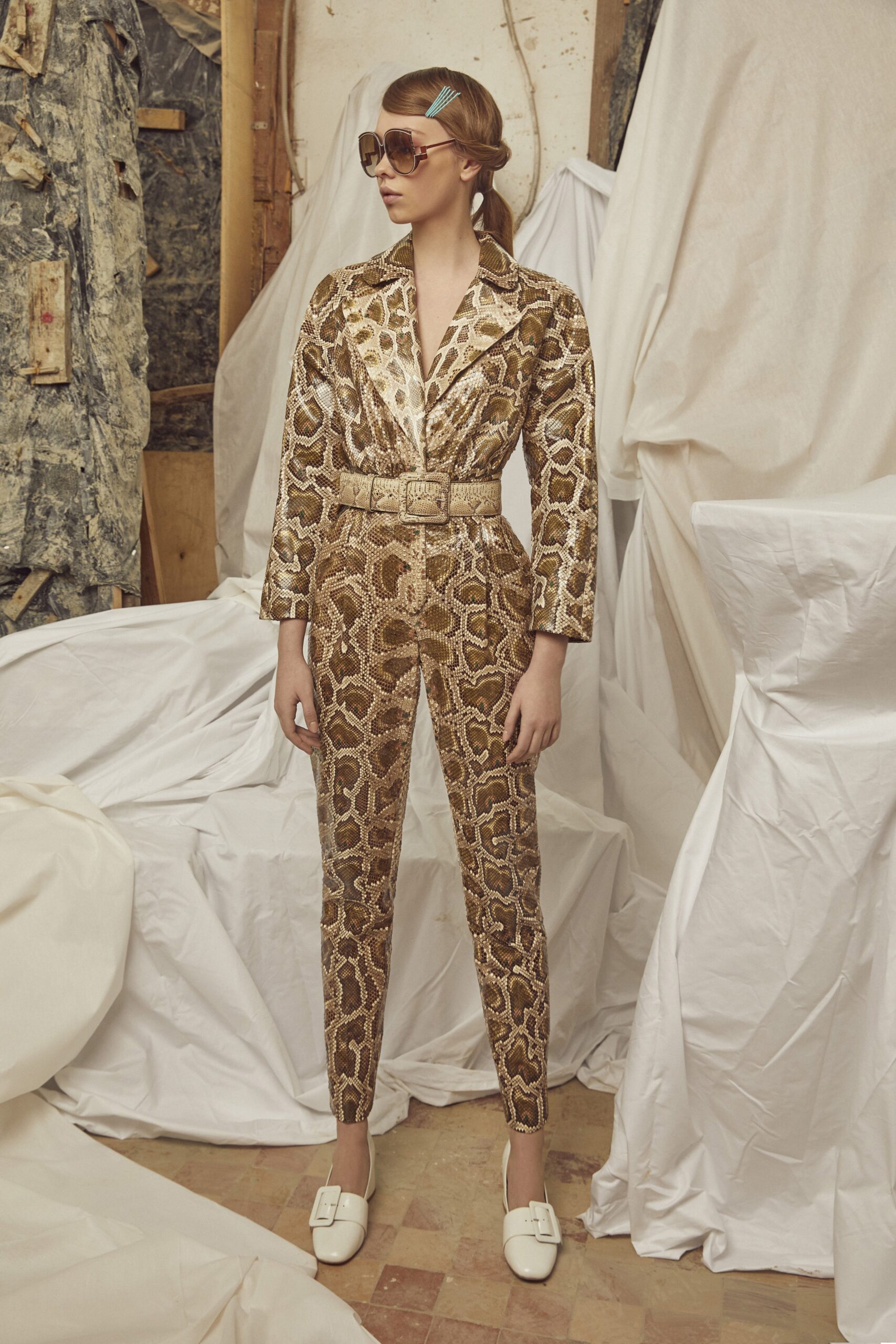 gold printed fitted suit