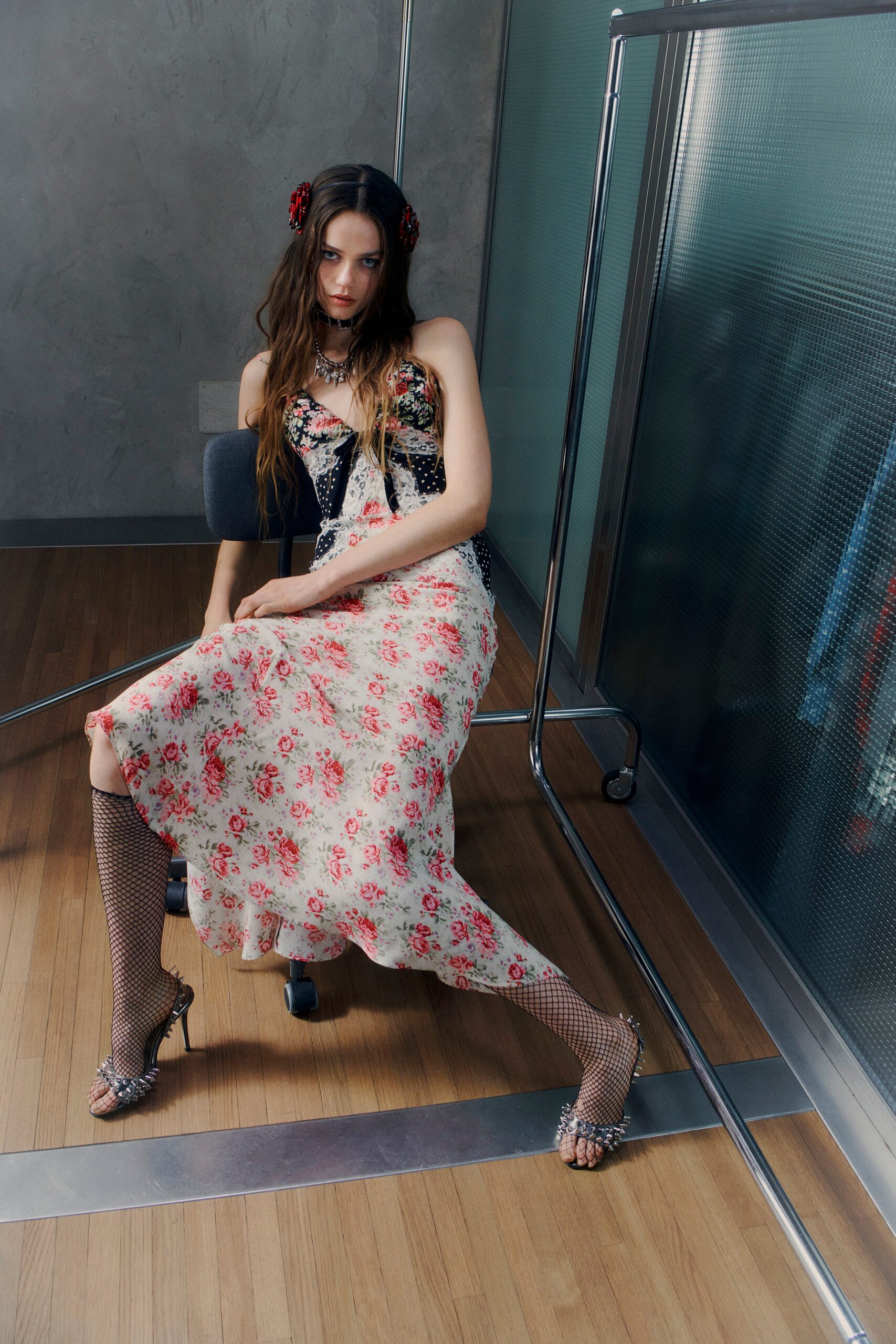 floral midi dress with embellished shoes