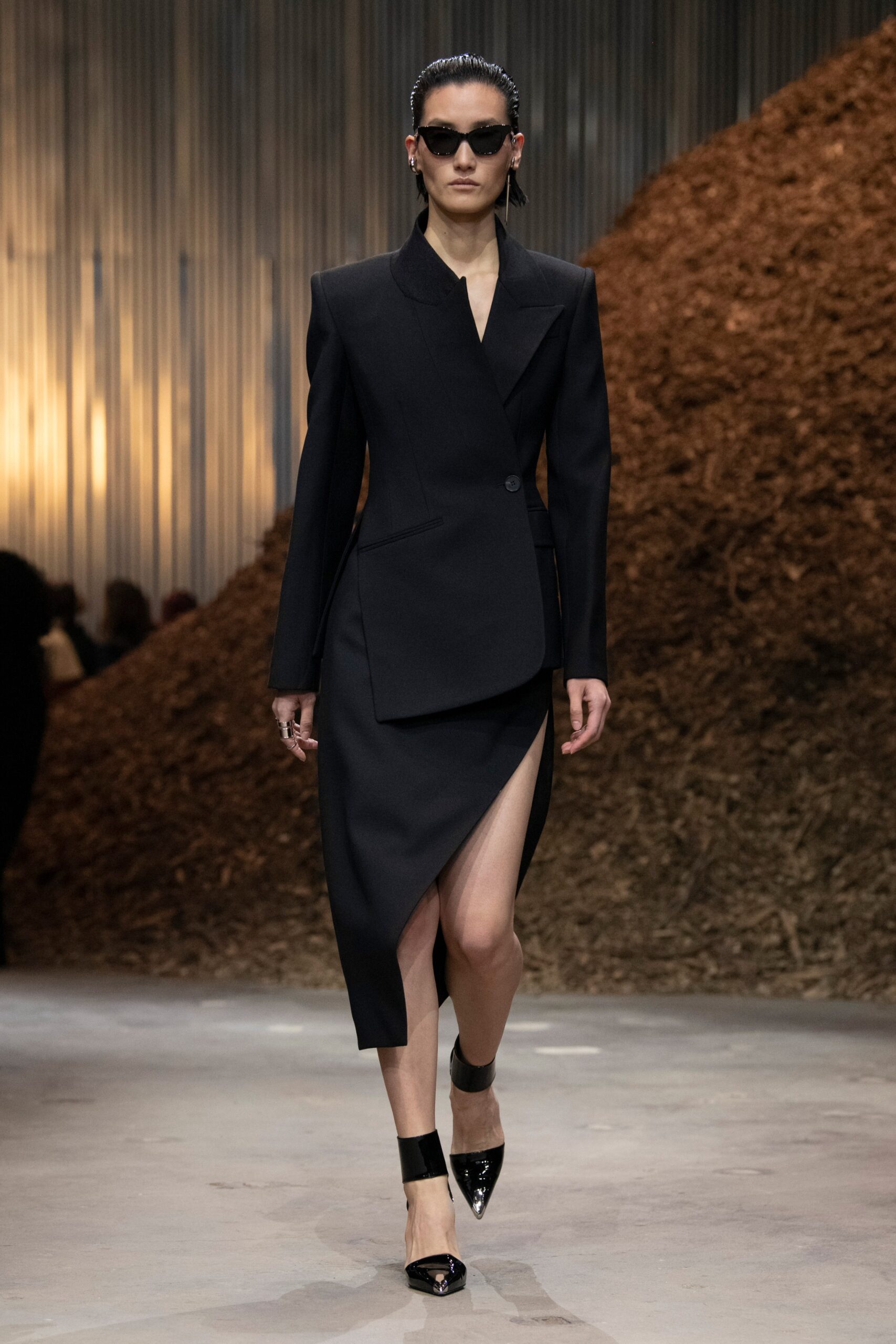 black wool long-sleeve v-neck fitted structured midi dress