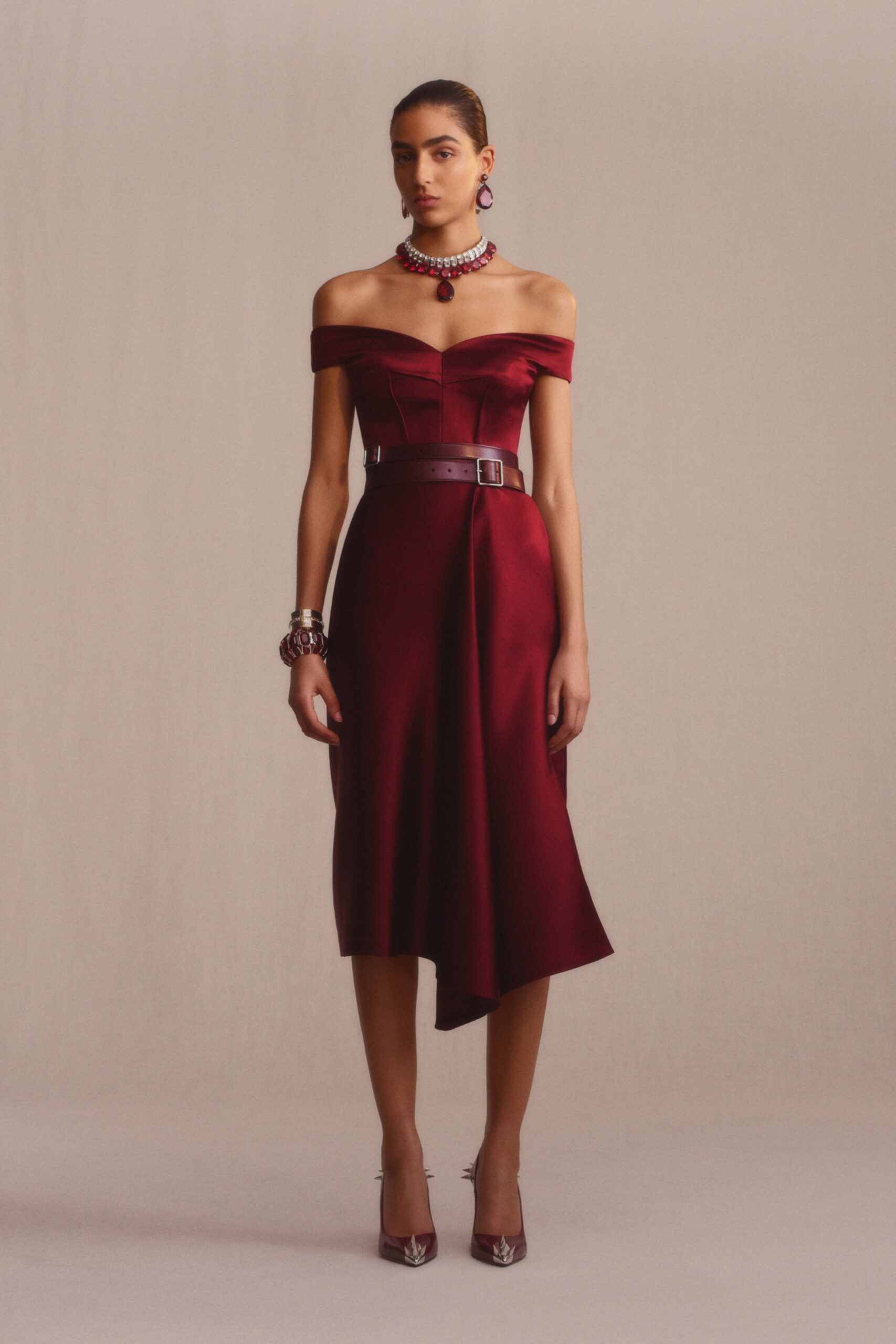 fitted off-shoulder red silk dress