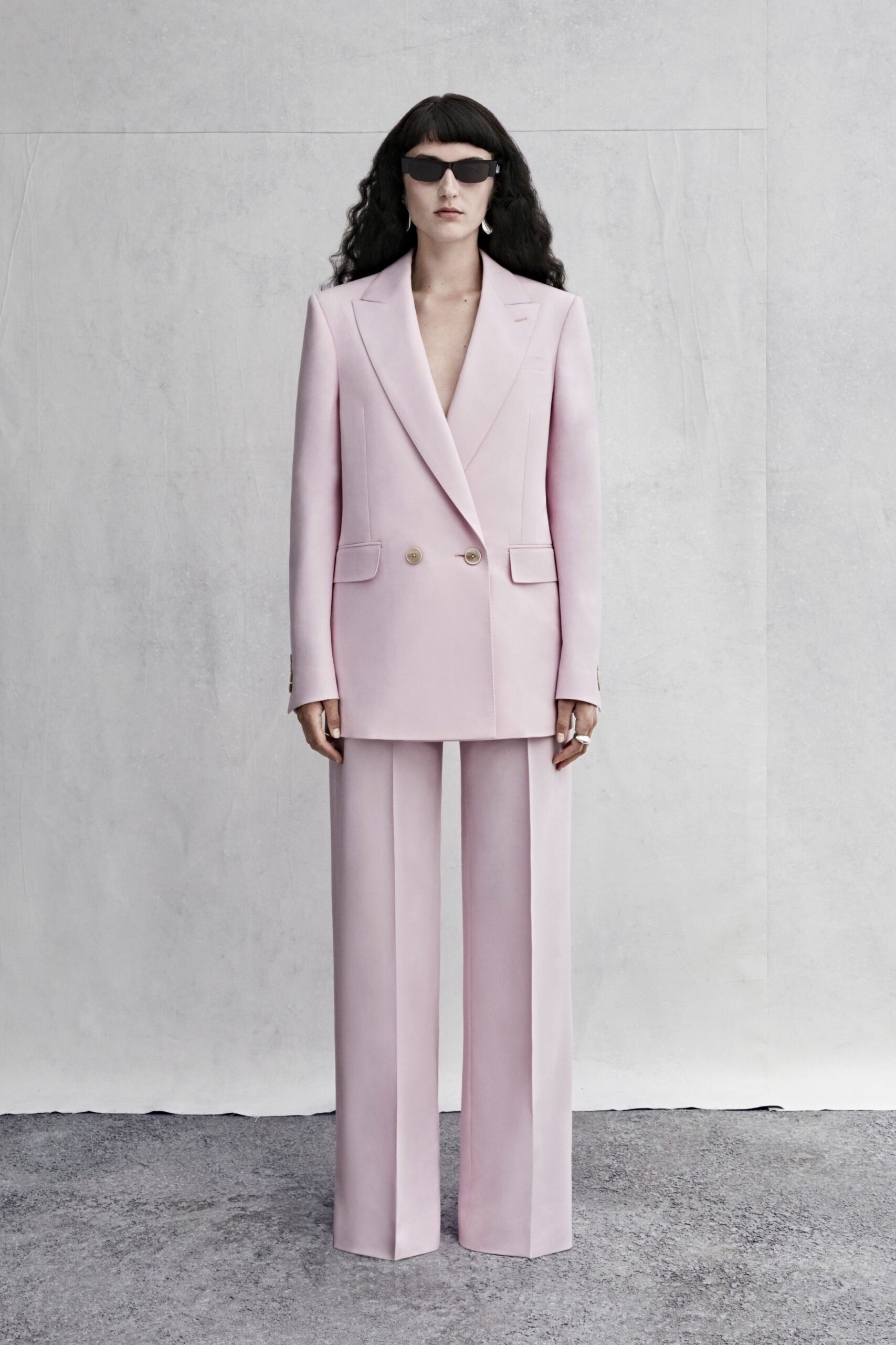 pink long-sleeve collared tailored straight-leg suit