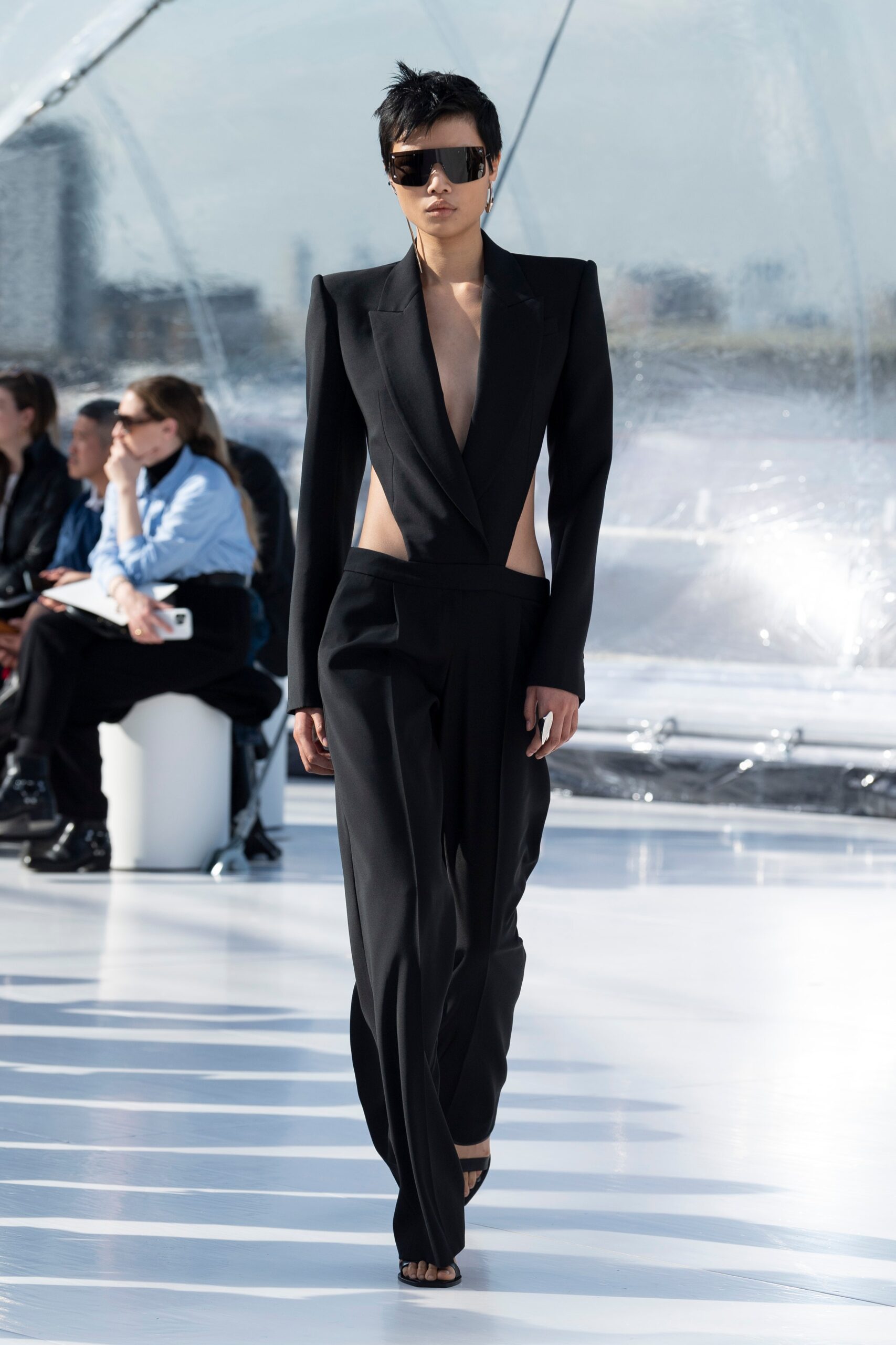 black fitted suit with cutout