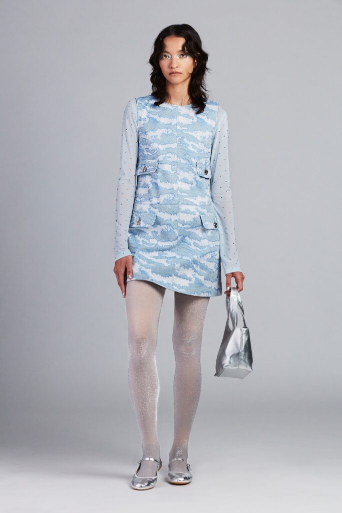 blue denim mini dress with polka-dot top