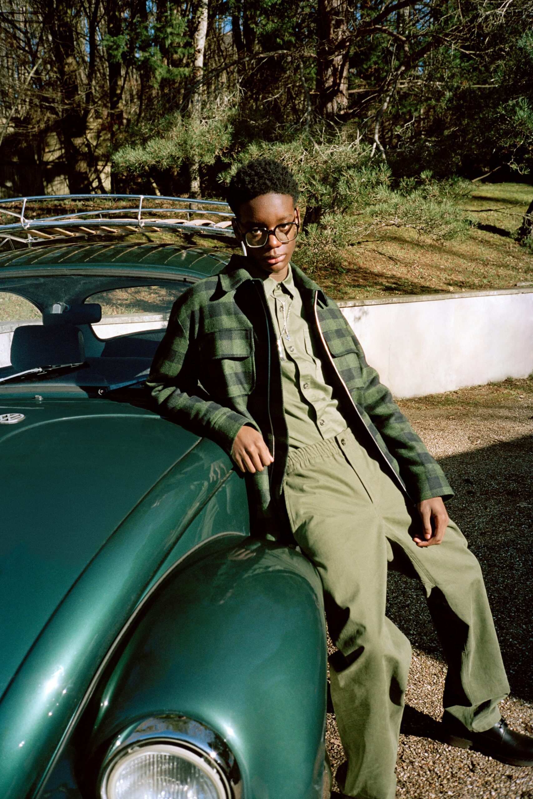 green checked jacket and jumpsuit