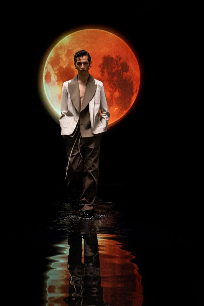 beige tailored suit with brown pants