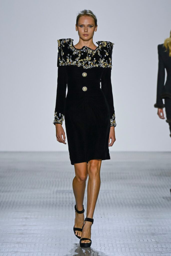 A fitted black velvet dress with long sleeves and an embroidered collar detail.