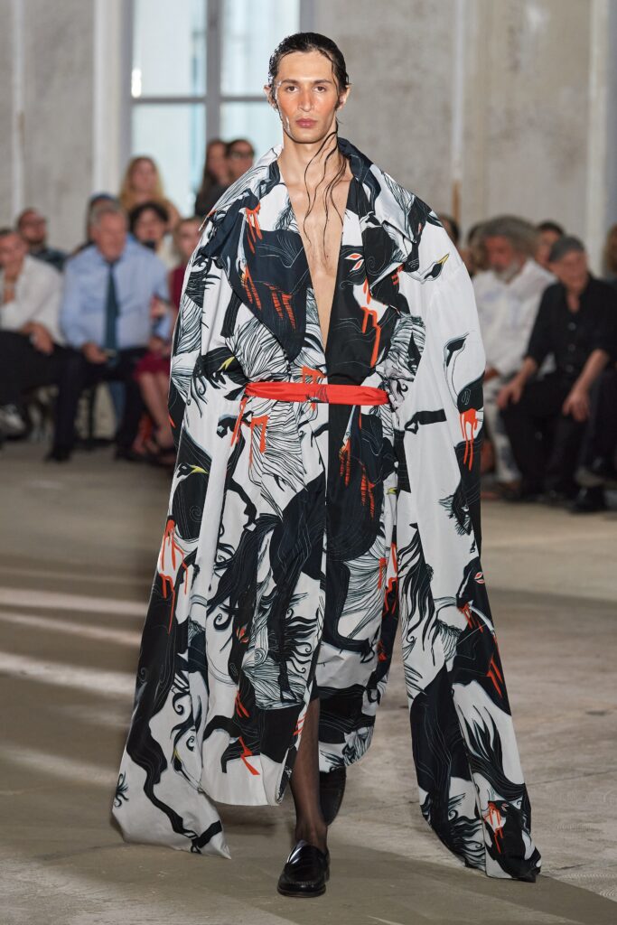 printed silk cape with red belt