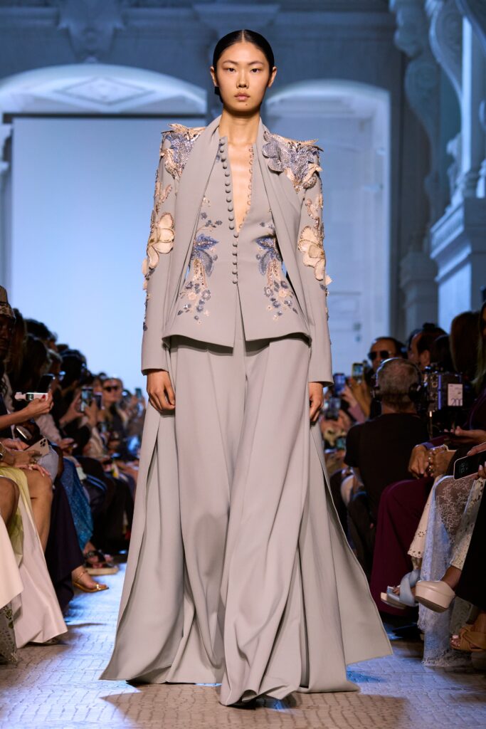 gray silk embroidered suit