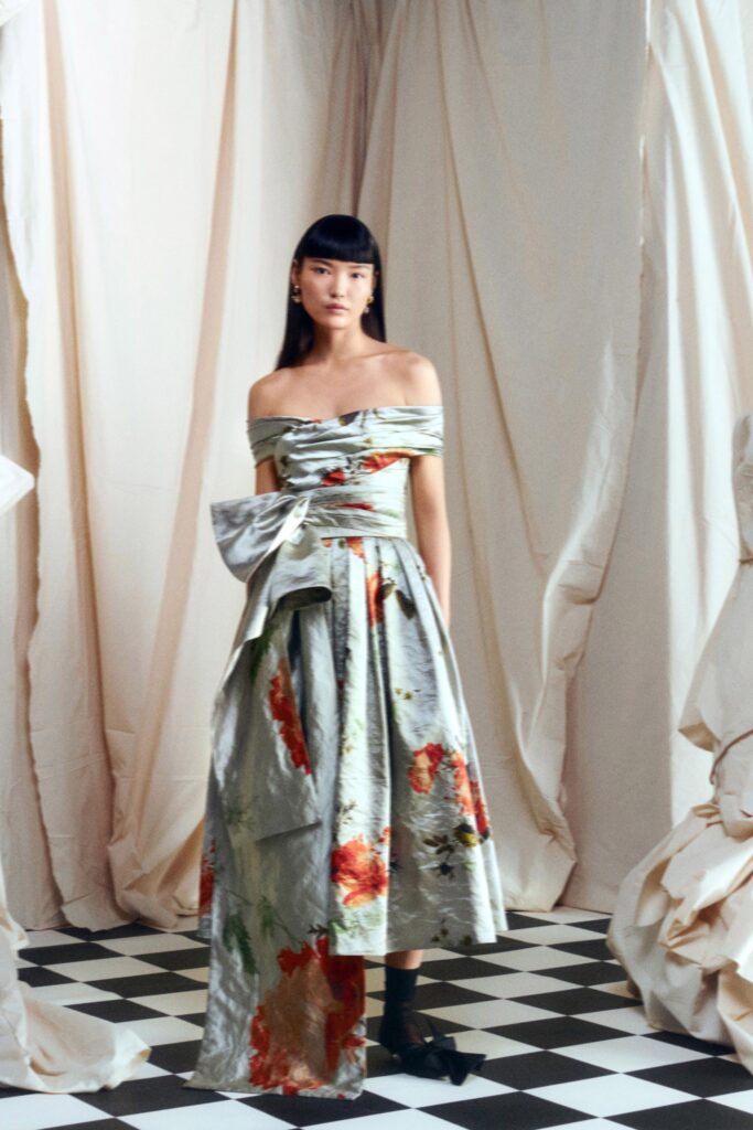 off-shoulder embroidered gown