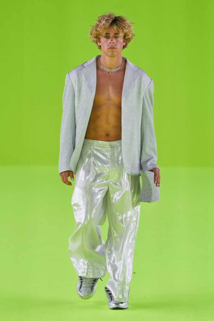 white silk relaxed blazer and pants