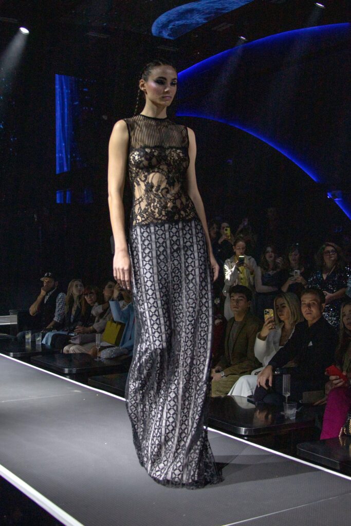 A fitted black lace sleeveless dress with a V-neckline and sheer embroidered details.
