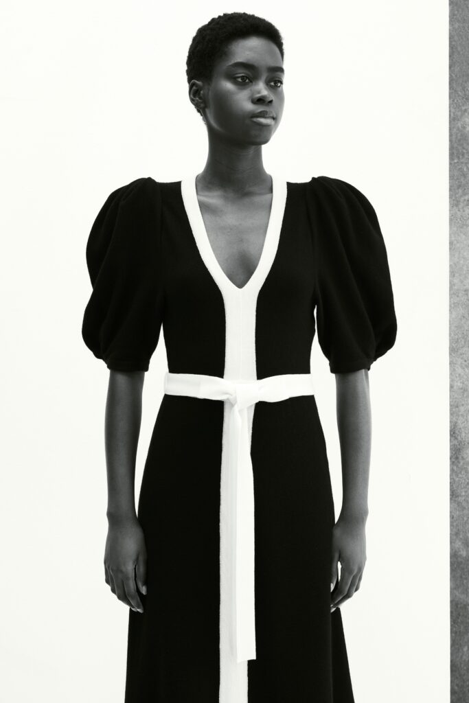 black and white belted midi dress