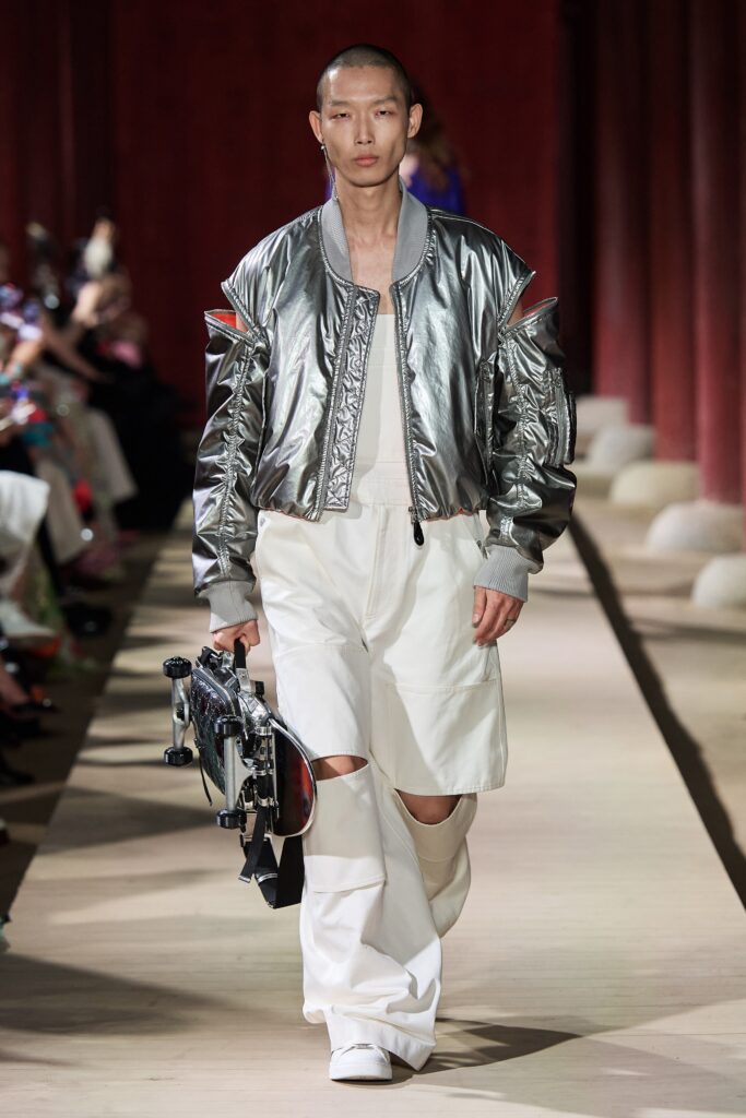 silver metallic relaxed jacket and white pants