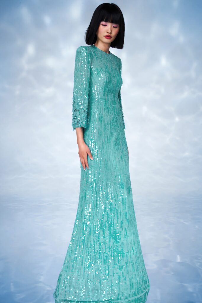 teal sequin long-sleeve gown