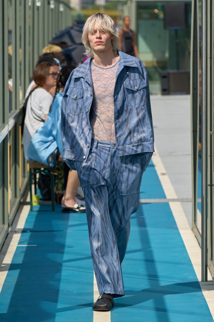 A relaxed-fit blue printed denim jacket paired with matching pants, featuring a collared design.
