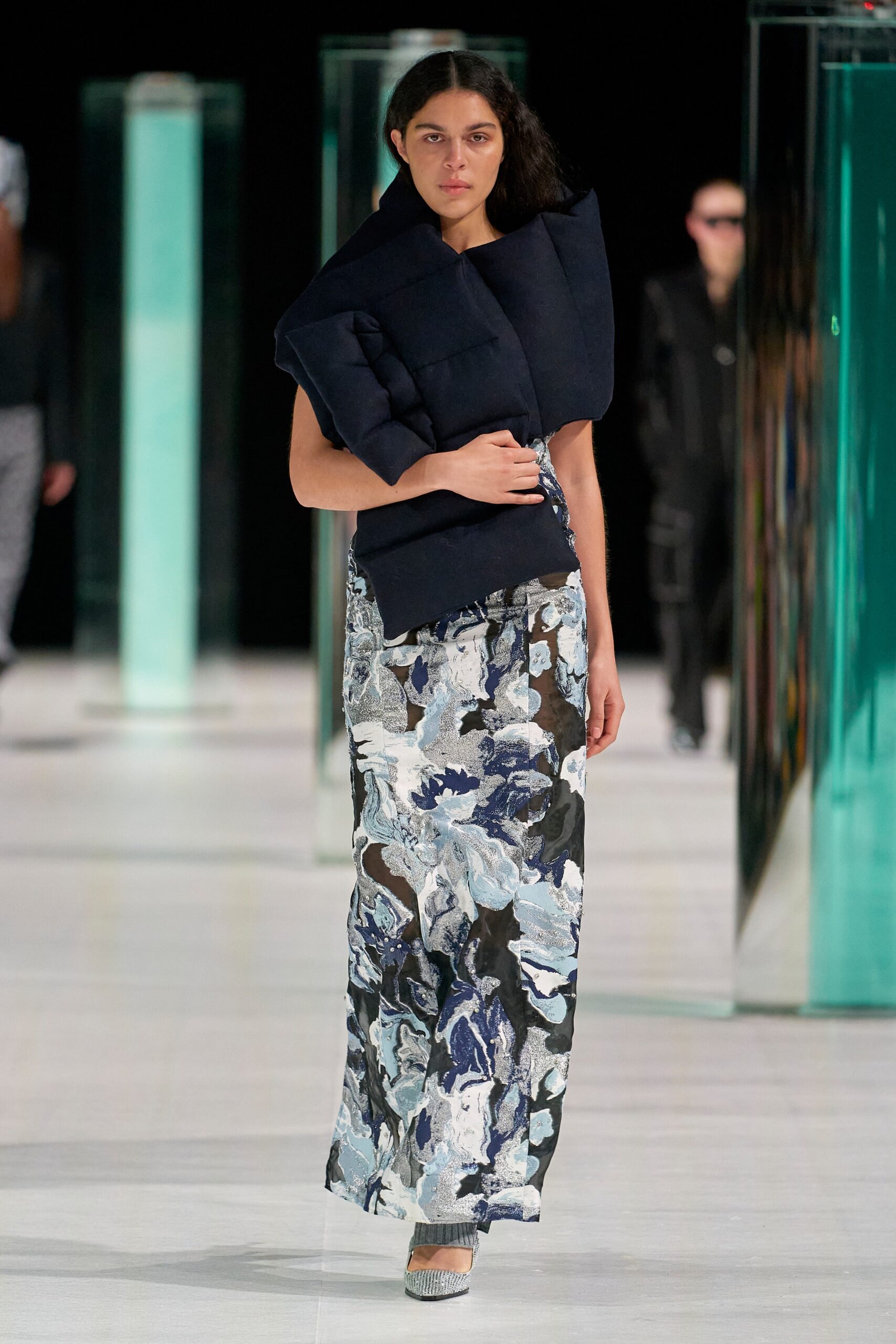 blue and white flowing maxi dress with navy cape