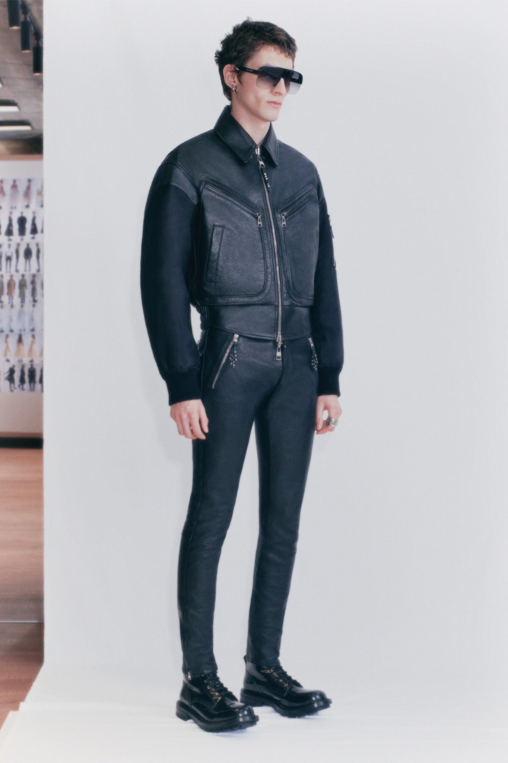 black leather fitted jacket and pants