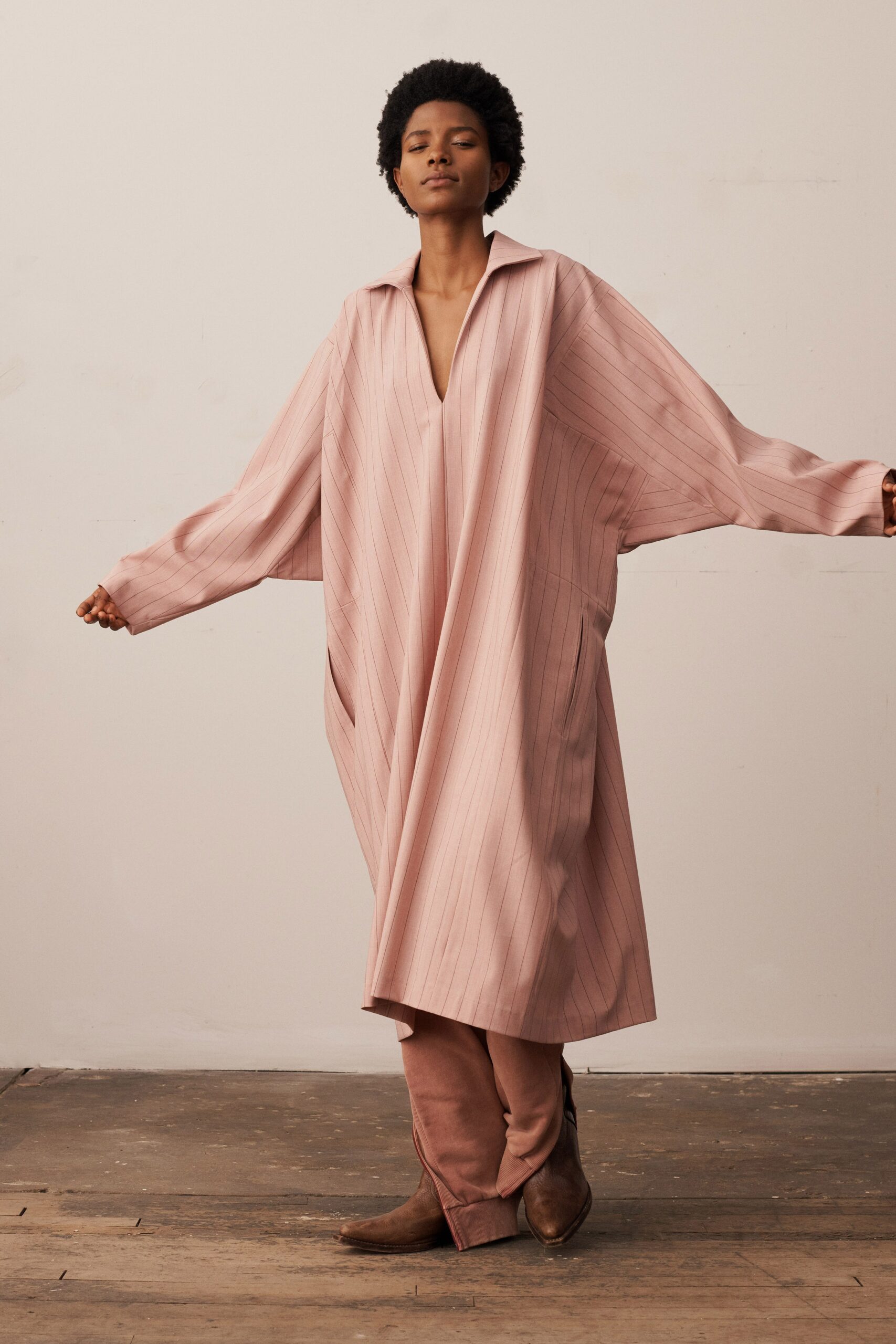 pink oversized dress with relaxed pants