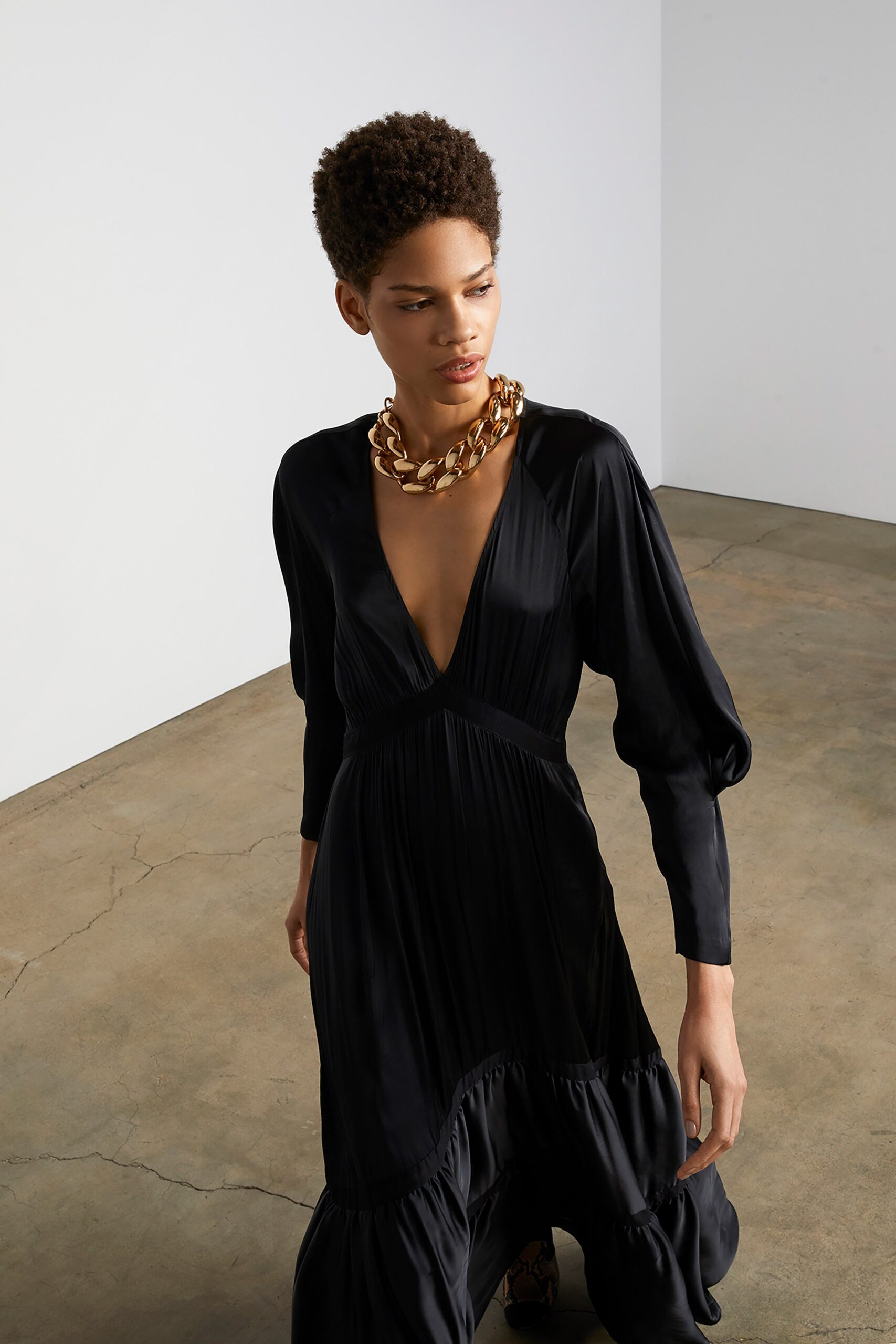 black silk long-sleeve dress